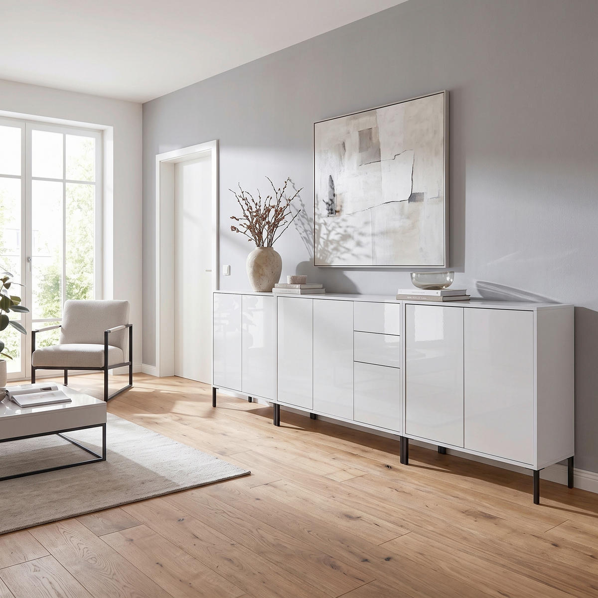 SIDEBOARD   - Weiß Hochglanz/Anthrazit, MODERN, Holzwerkstoff/Metall (263,5/86/33cm) - MID.YOU