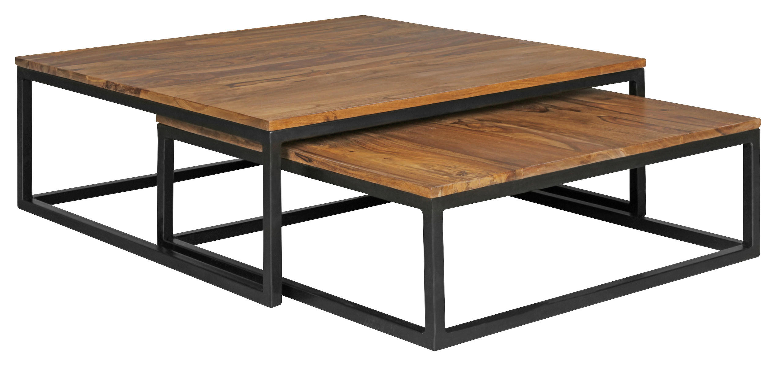 COUCHTISCHSET Sheesham massiv quadratisch Sheeshamfarben - Sheeshamfarben/Schwarz, Design, Holz/Metall (75/75/27cm) - MID.YOU