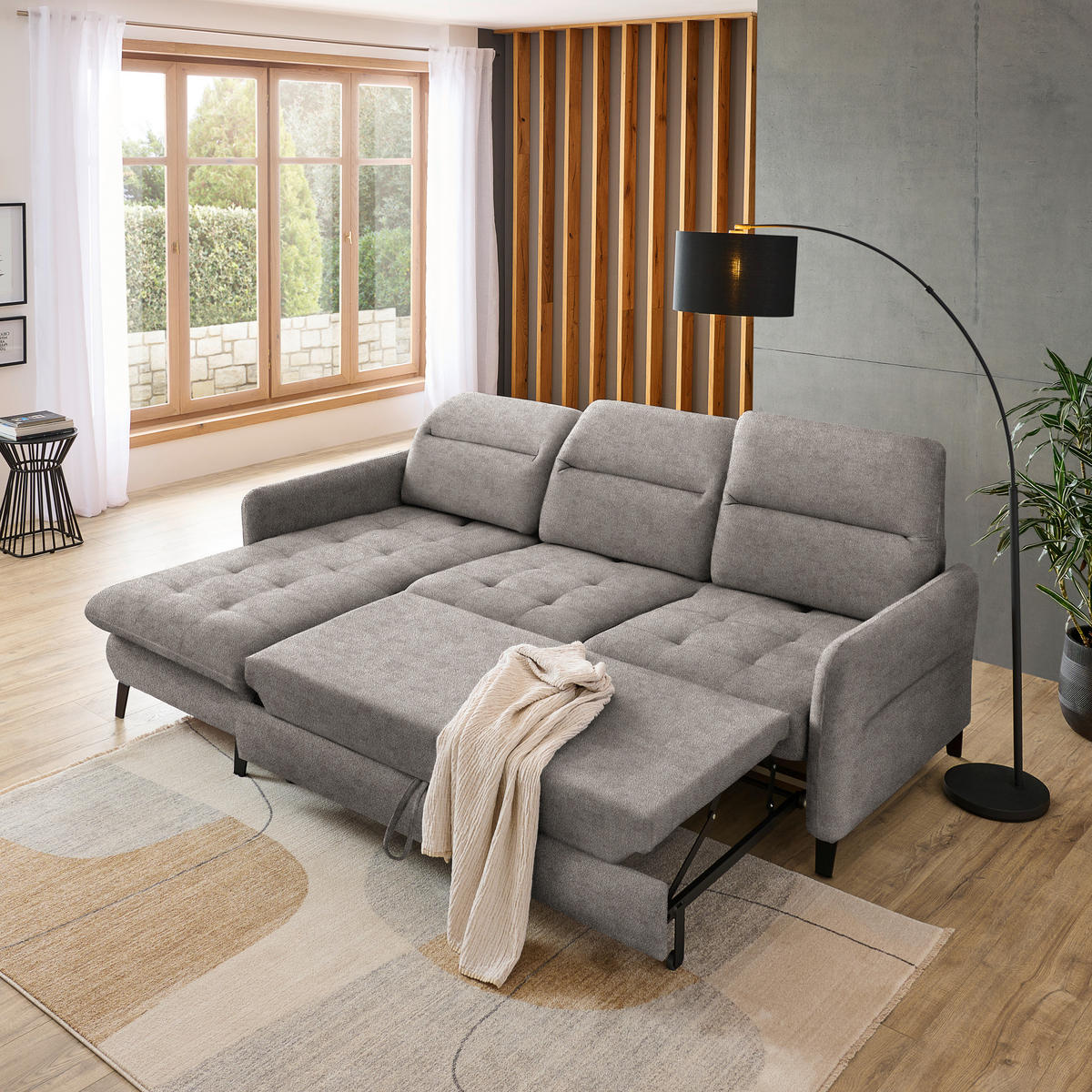 ECKSOFA Greige Flachgewebe  - Greige/Schwarz, KONVENTIONELL, Textil/Metall (190/254cm) - Livetastic