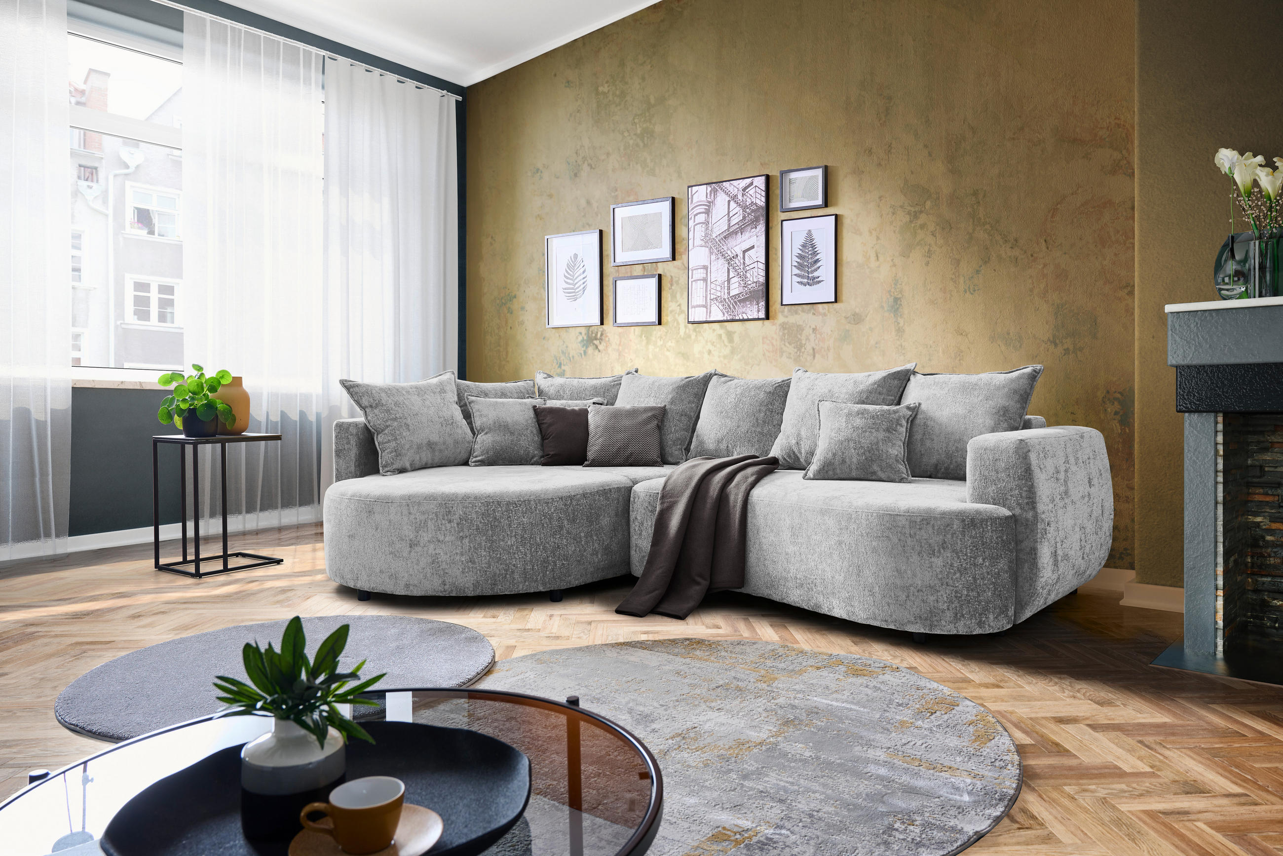 ECKSOFA in Chenille Hellgrau  - Hellgrau/Schwarz, Design, Kunststoff/Textil (194/307cm) - Carryhome