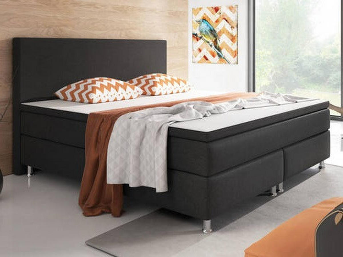 BOXSPRINGBETT 180/200 cm,  in Schwarz, Matratze, gepolstertes Kopfteil, Topper, H3 + H3 = fest  - Silberfarben/Schwarz, KONVENTIONELL, Textil/Metall (180/200cm) - MID.YOU