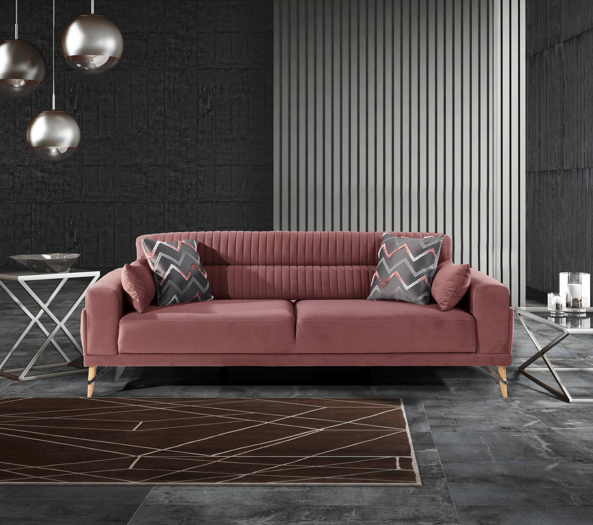 3-SITZER-SOFA Samt Altrosa  - Beige/Rot, Design, Kunststoff/Textil (233/77/87cm) - Livetastic