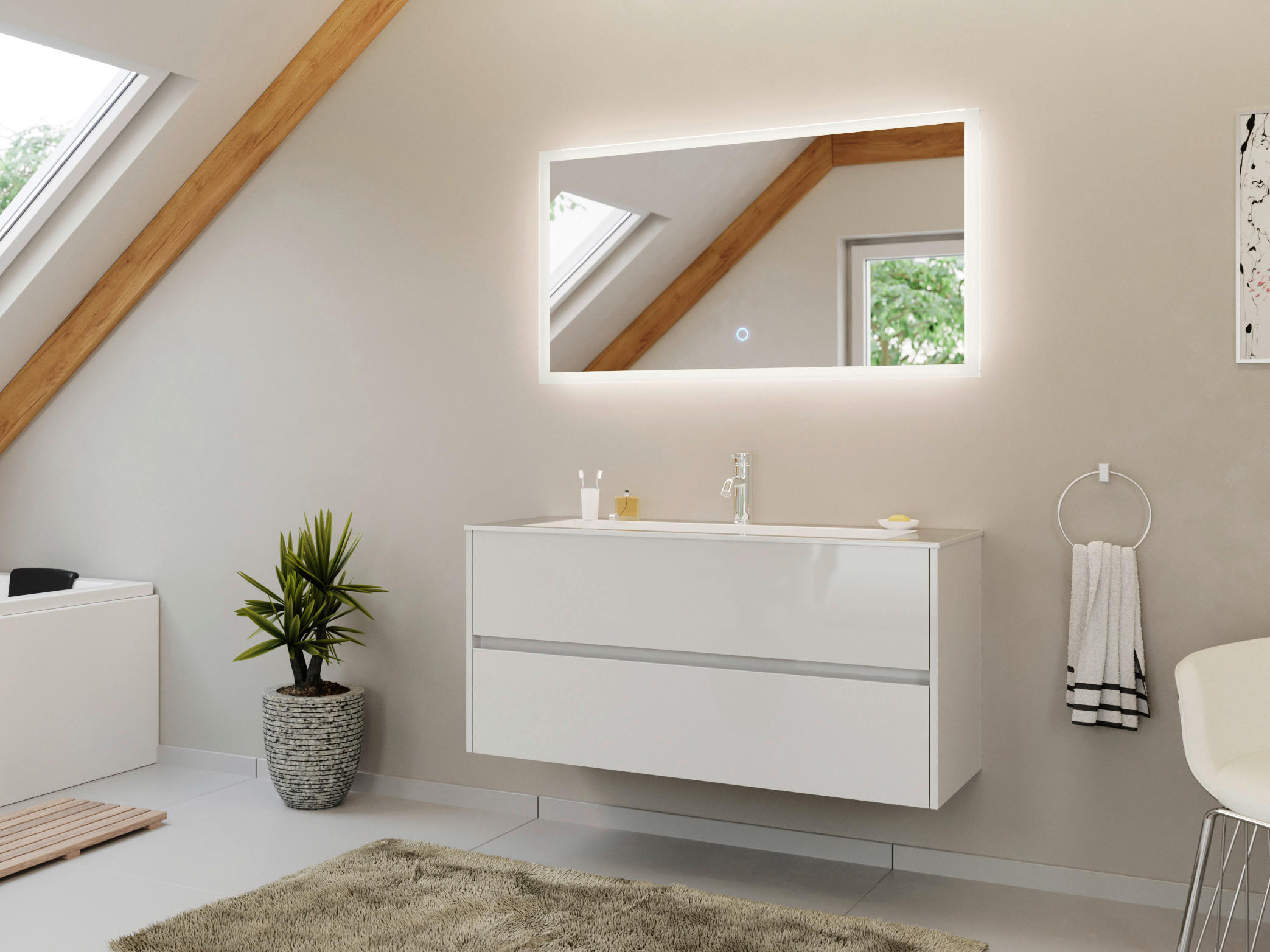 BADEZIMMER 2-teilig  in 120 cm  - Weiß Hochglanz/Weiß, Basics, Holzwerkstoff/Stein (120cm) - MID.YOU