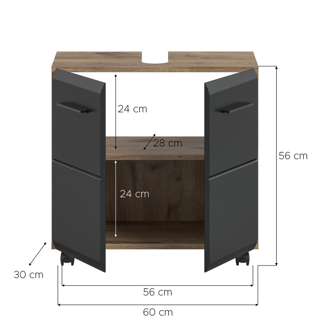 WASCHBECKENUNTERSCHRANK 60/58/30 cm  - Eiche dunkel/Schwarz, Trend, Holzwerkstoff/Kunststoff (60/58/30cm) - MID.YOU