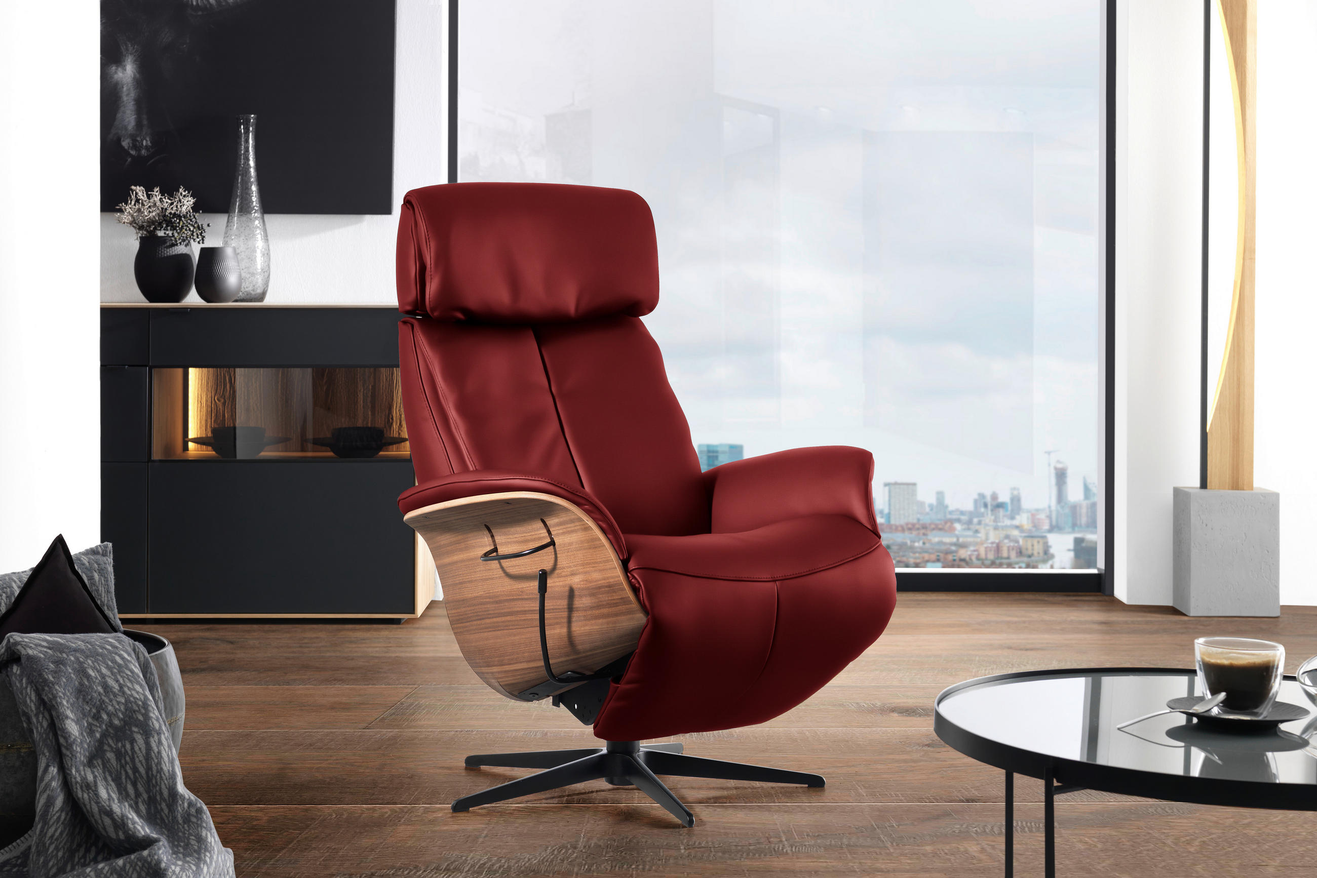 RELAXSESSEL in Leder Rot  - Rot/Nussbaumfarben, Design, Leder/Holz (78/104-113/84cm) - Welnova
