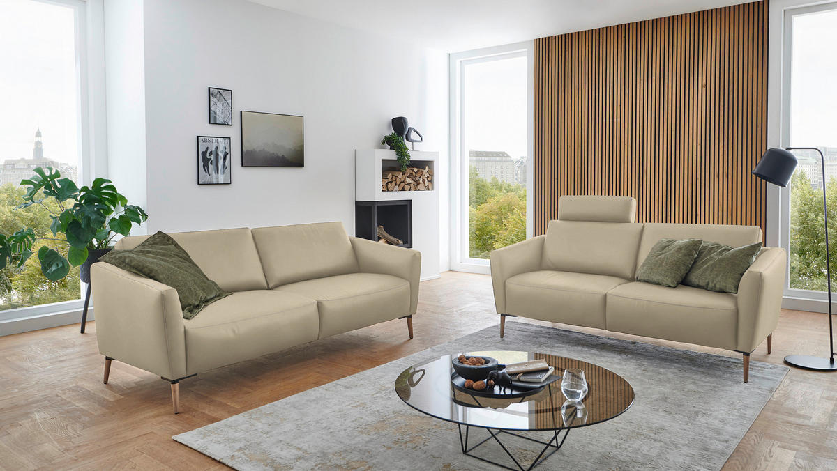 2-SITZER-SOFA  in Echtleder Ecru   - Ecru/Eichefarben, Natur, Leder/Holz (207/86/87cm) - Valnatura