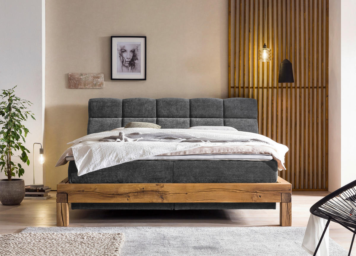 BOXSPRINGBETT 180/200 cm  in Anthrazit  - Anthrazit/Buchefarben, Natur, Holz/Textil (180/200cm) - Livetastic