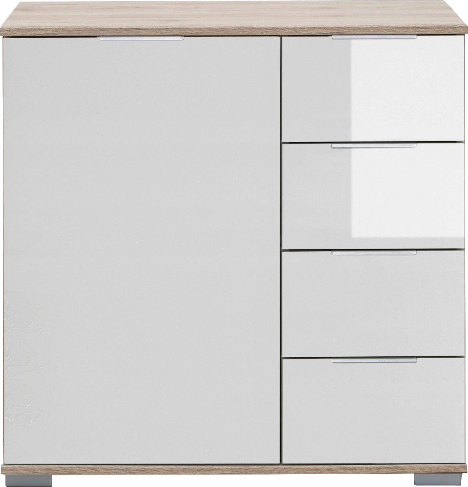 KOMMODE Weiß, Eichefarben - Eichefarben/Alufarben, Design, Glas/Holzwerkstoff (81/83/41cm) - Livetastic