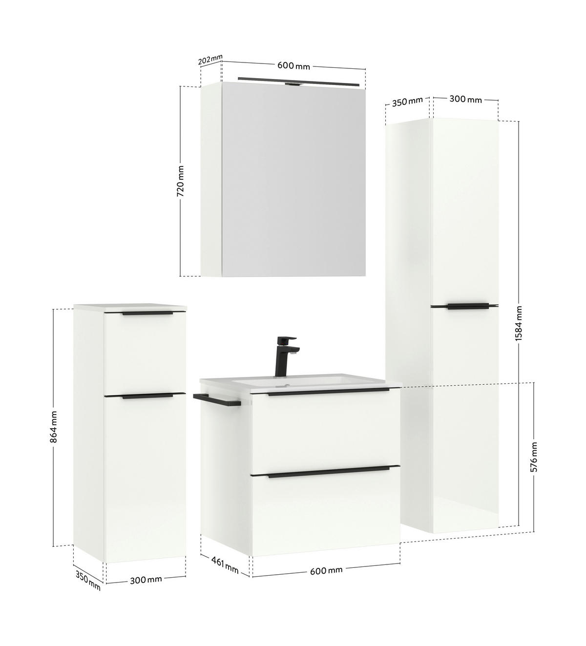 BADEZIMMER  in 61 cm  - Weiß Hochglanz/Schwarz, MODERN, Holzwerkstoff/Stein (61cm) - Nobilia