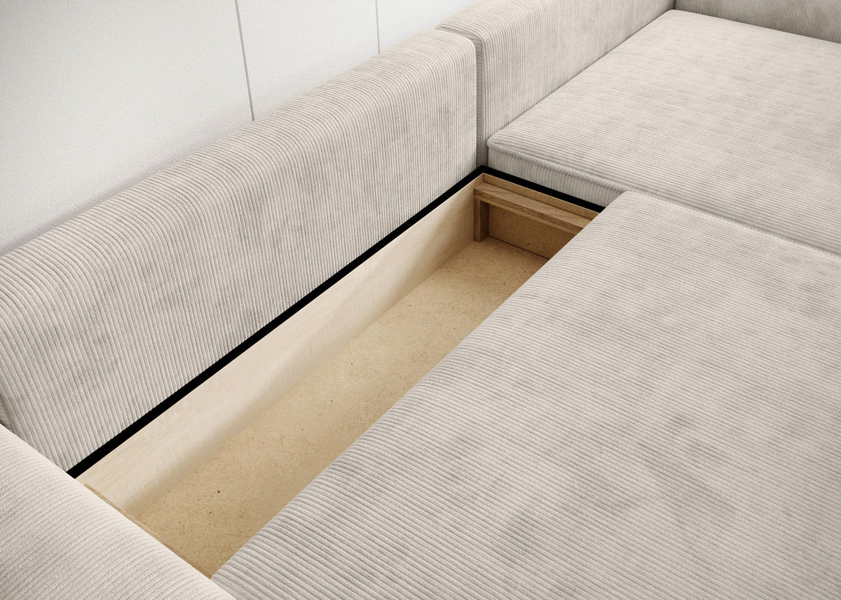 ECKSCHLAFSOFA CHALLANGE  mit Schlafen auf Sitzhöhe, Rücken echt, Armteil links, Armteil rechts Cord Creme  - Creme/Schwarz, MODERN, Kunststoff/Textil (246/168cm) - Trendmanufaktur