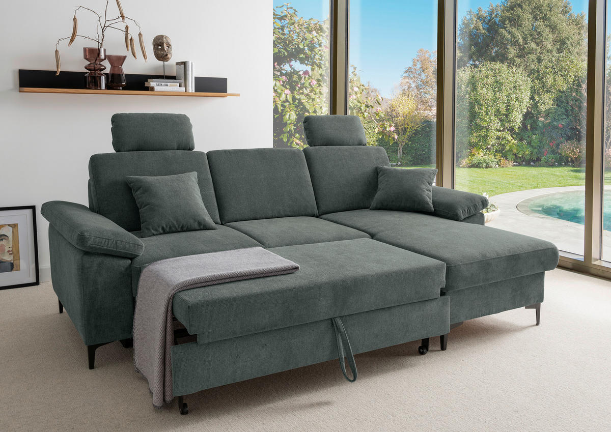 ECKSOFA Chenille Dunkelgrün  - Dunkelgrün/Schwarz, Konventionell, Textil/Metall (245/151cm) - Livetastic