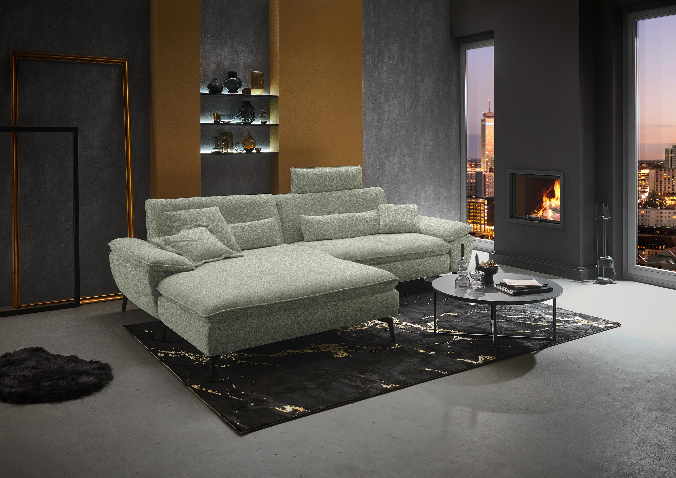 ECKSOFA in Webstoff Hellgrün  - Schwarz/Hellgrün, Design, Textil/Metall (197/295cm) - Valdera