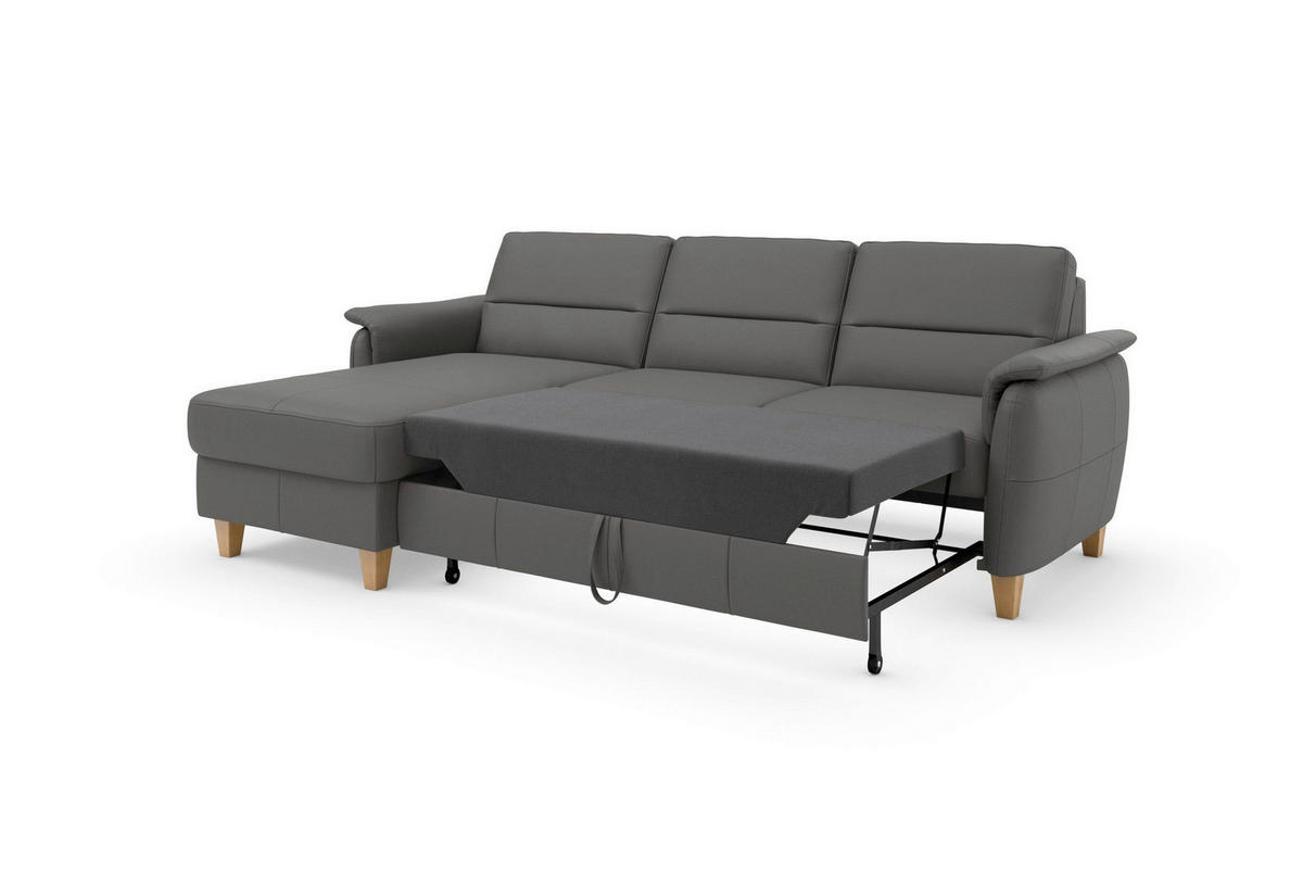 ECKSOFA PALMERA E Mokka Kombination Echtleder/Stoff Mikrofaser Bettkasten  - Eichefarben/Mokka, Basics, Leder/Holz (163/244cm) - Sit & More