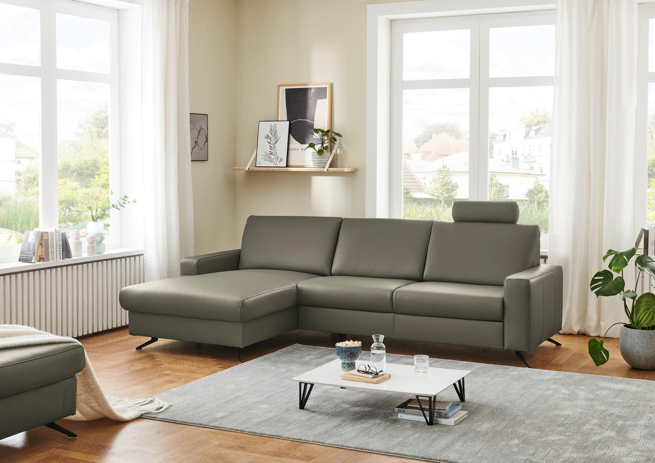 ECKSOFA in Echtleder Hellgrau  165/267 cm  - Hellgrau/Schwarz, Design, Leder/Metall (165/267cm) - Lomoco