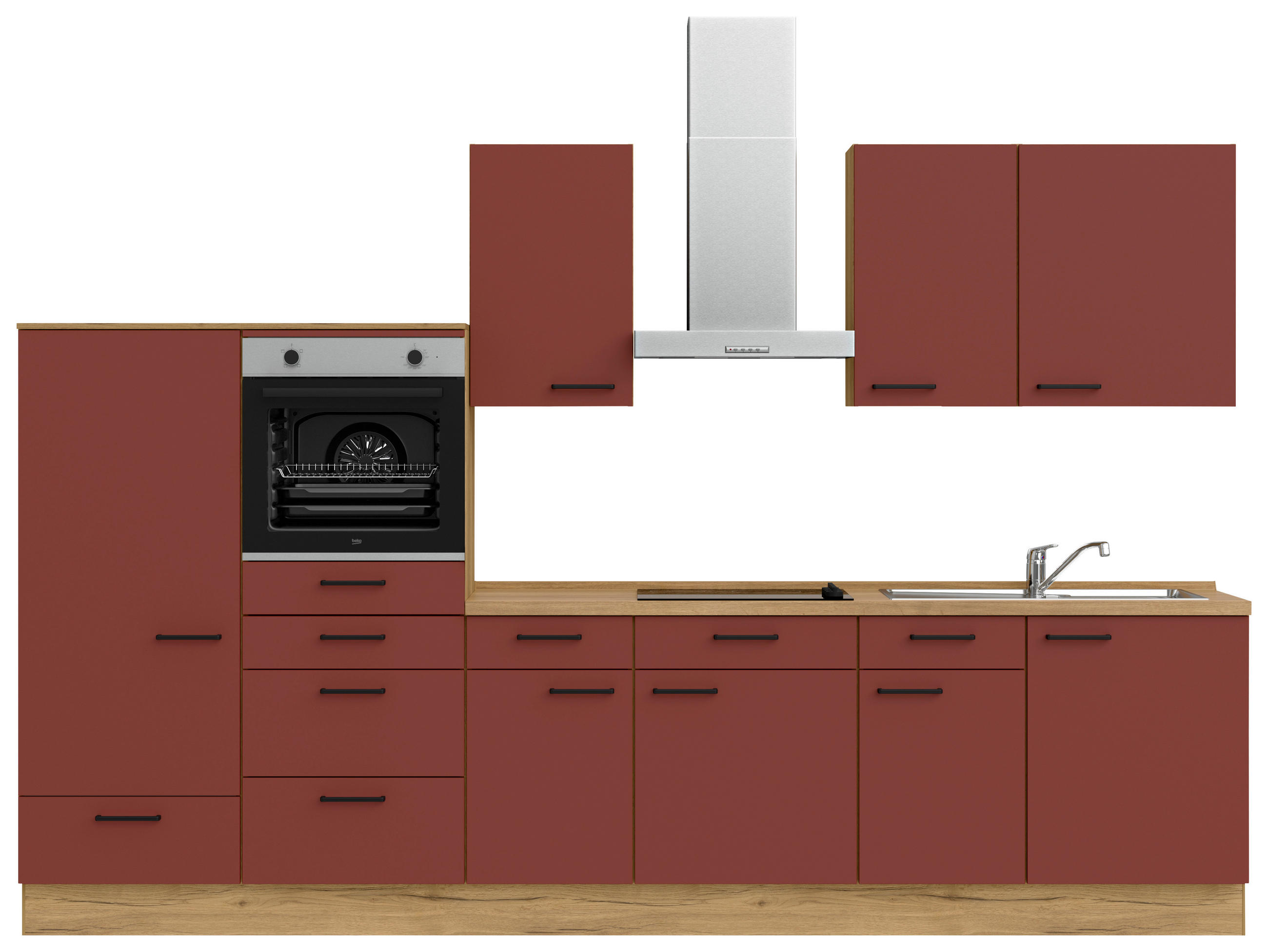 KÜCHENBLOCK 330 cm   in Eichefarben, Dunkelrot  - Eichefarben/Schwarz, MODERN, Holzwerkstoff/Metall (330cm) - Nobilia