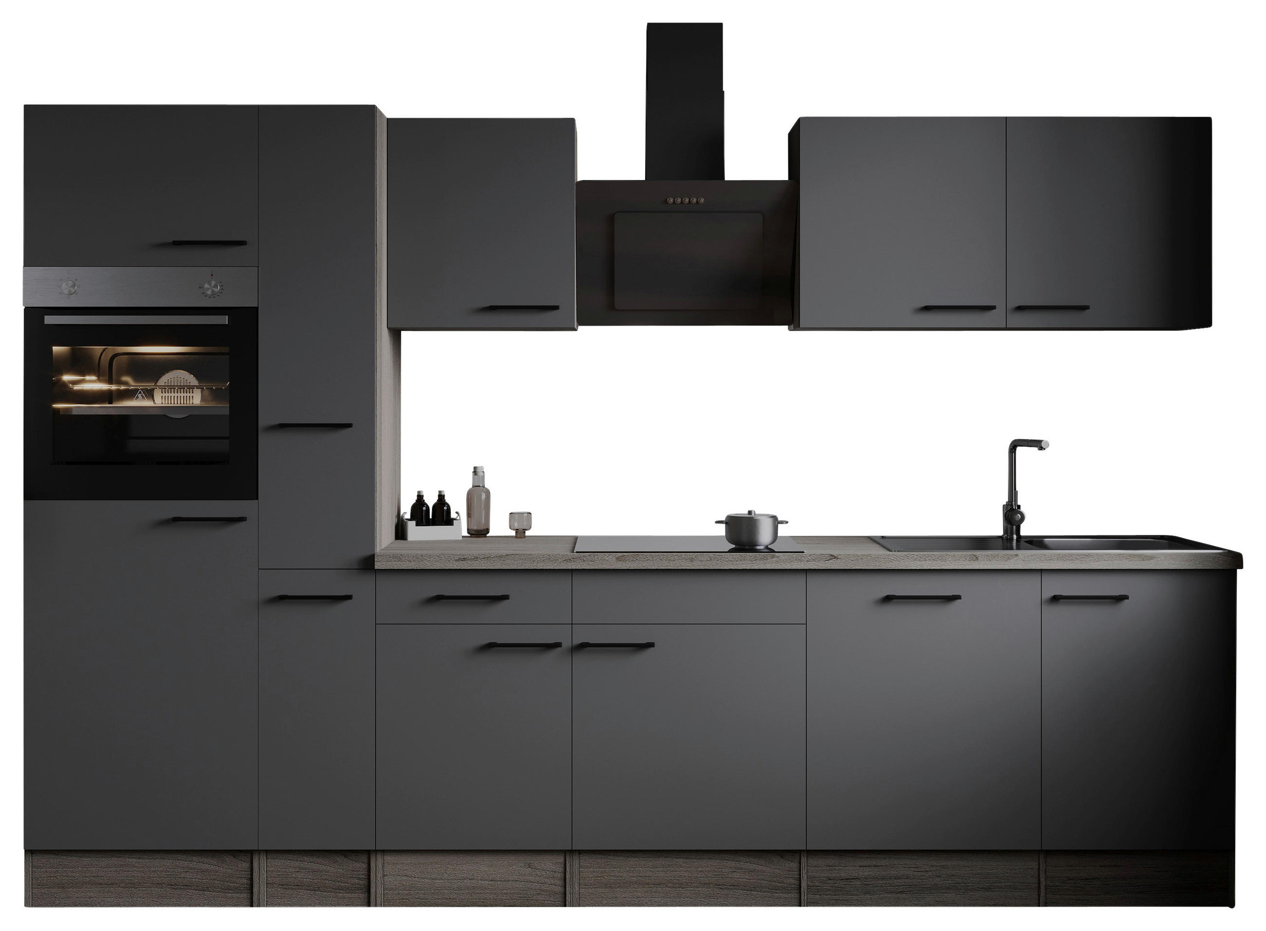 KÜCHENBLOCK 310 cm   in Grau, Eichefarben  - Eichefarben/Schwarz, Design, Holzwerkstoff/Metall (310cm) - Respekta