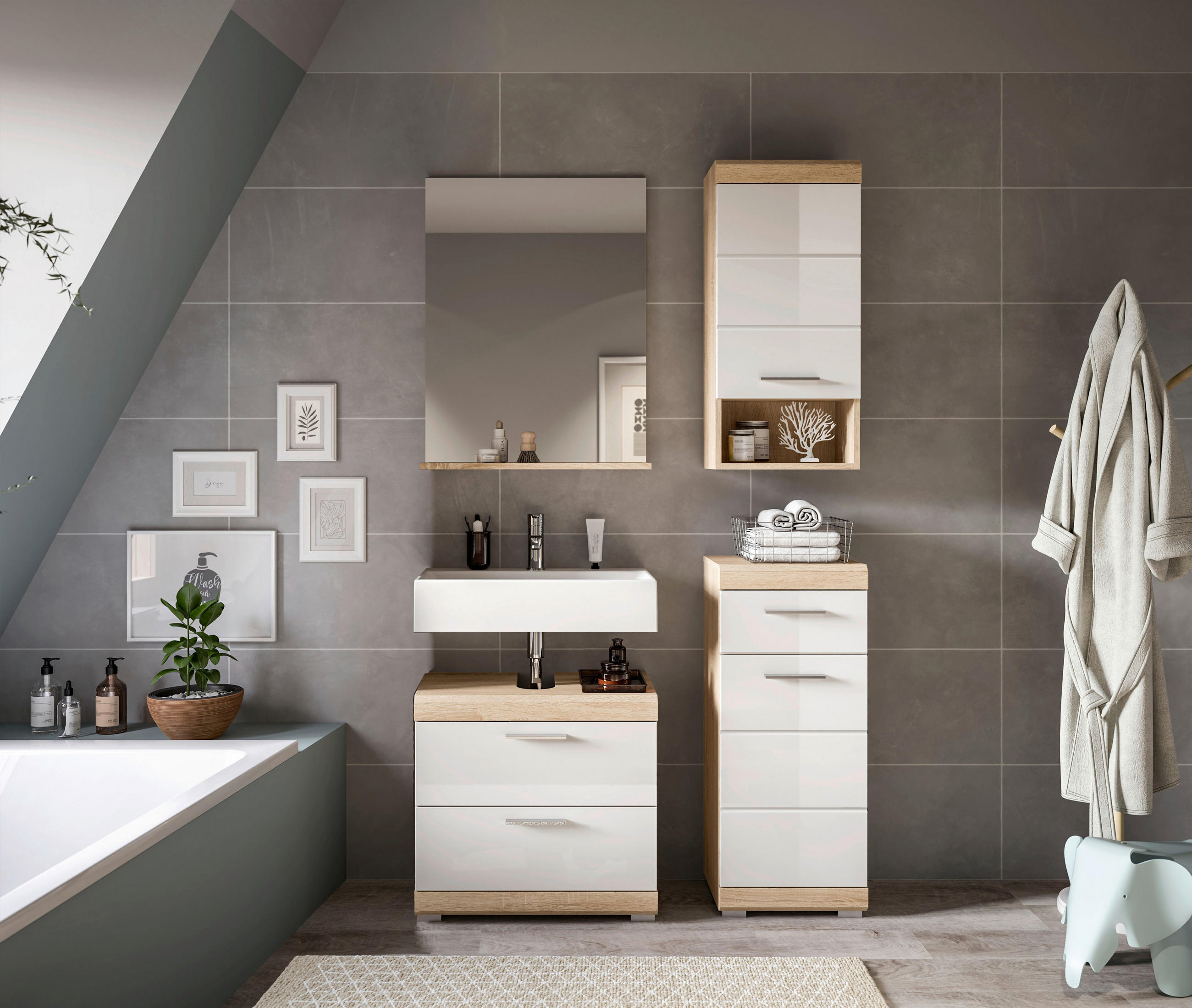 BADEZIMMER 4-teilig  in 97 cm  - Weiss Hochglanz/Silberfarben, Modern, Glas/Holzwerkstoff (97cm) - MID.YOU