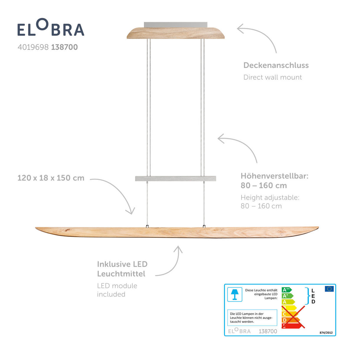 LED-HÄNGELEUCHTE 120/18/80-160 cm  - Natur, Holz (120/18/80-160cm) - Waldwelt