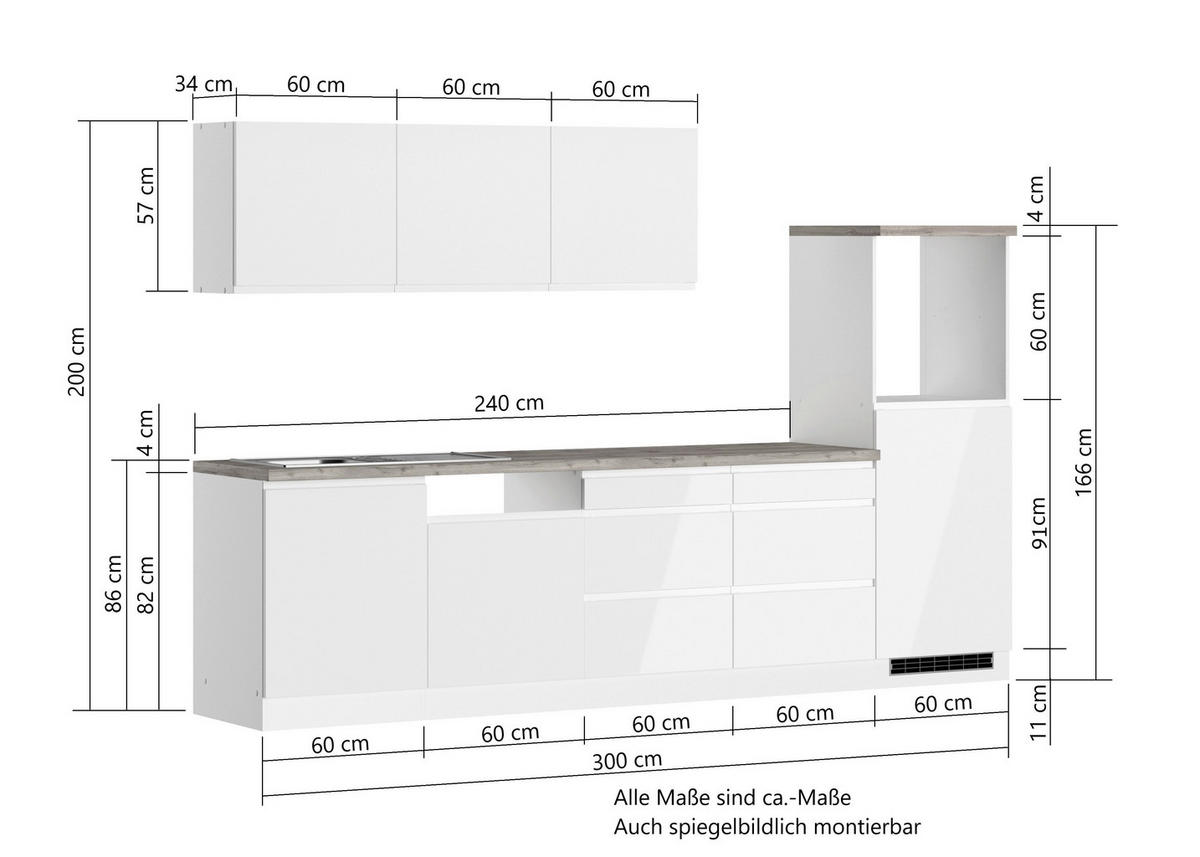 KÜCHENLEERBLOCK 300 cm   in Grau, Weiß, Weiß Hochglanz  - Weiß Hochglanz/Weiß, LIFESTYLE, Holzwerkstoff (300cm) - Held