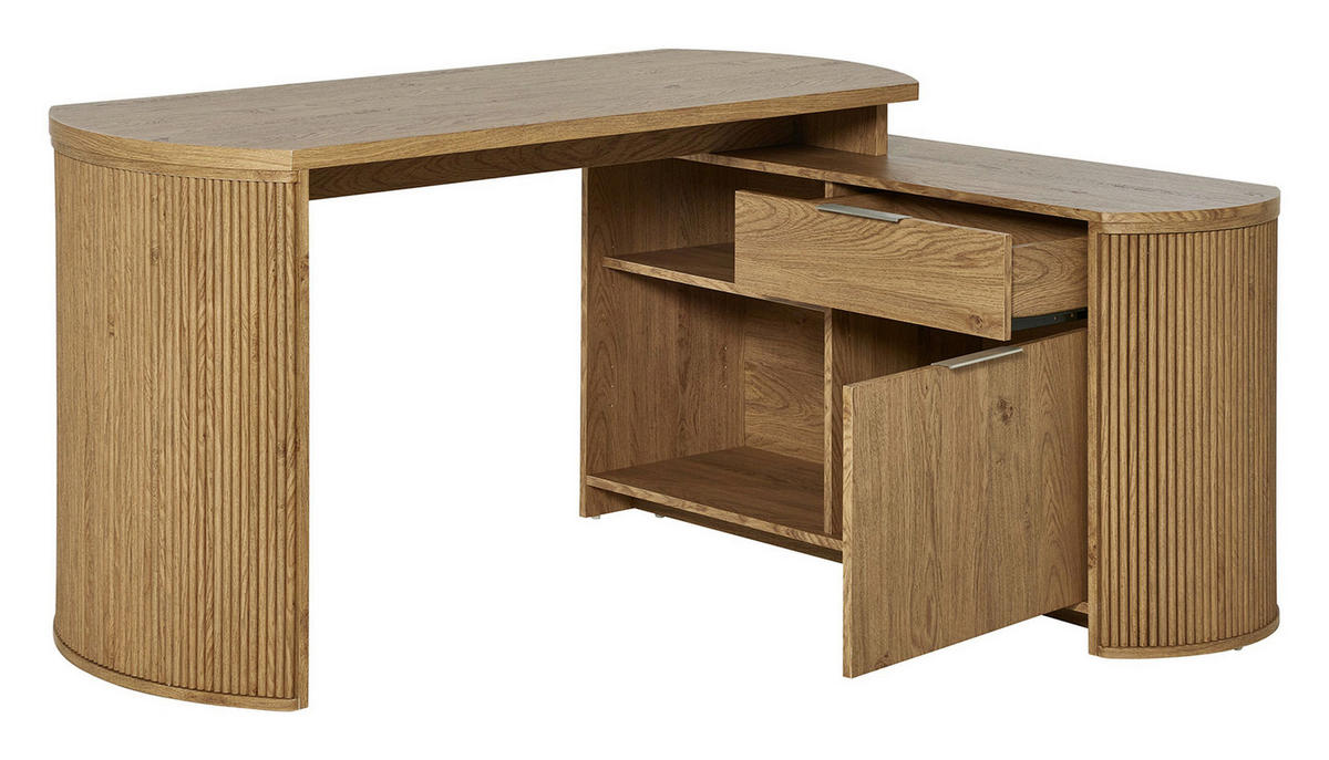 ECKSCHREIBTISCH 150/120/75 cm Eichefarben Kabeldurchlass, Stauraum, seitenverkehrt montierbar  - Eichefarben/Silberfarben, MODERN, Holzwerkstoff/Metall (150/120/75cm)
