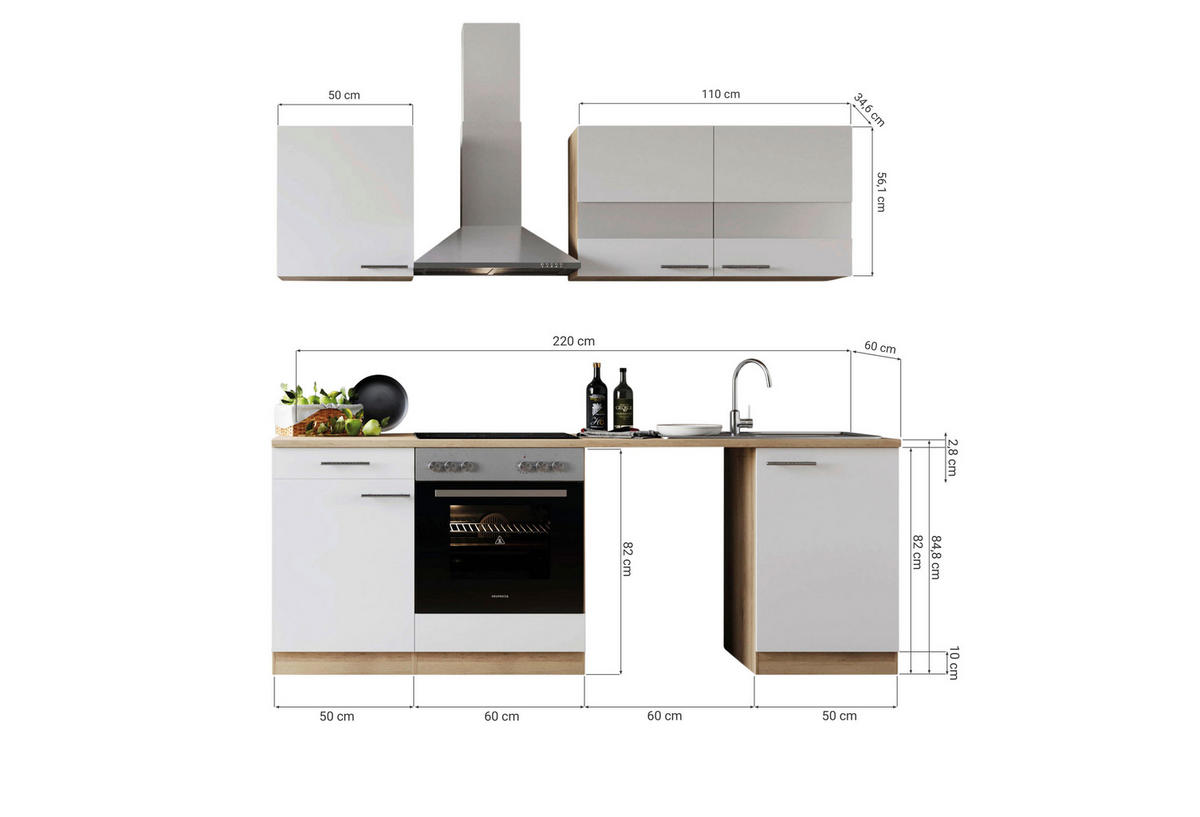 MODULKÖK 220 cm   i grå  - stålfärgad/grå, Basics, metall/trämaterial (220cm) - Respekta