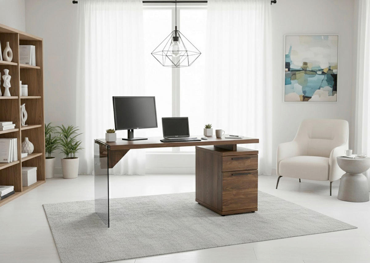 SCHREIBTISCH 141,8/74/55 cm Walnussfarben  - Walnussfarben/Schwarz, Design, Glas/Holzwerkstoff (141,8/74/55cm) - MID.YOU