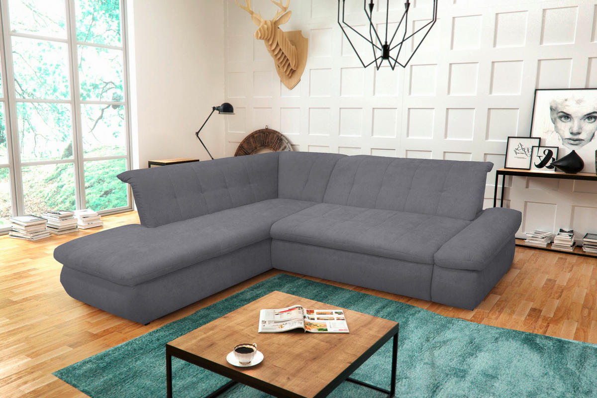 ECKSOFA Dunkelgrau Mikrofaser  - Chromfarben/Dunkelgrau, KONVENTIONELL, Textil/Metall (216/273cm) - MID.YOU