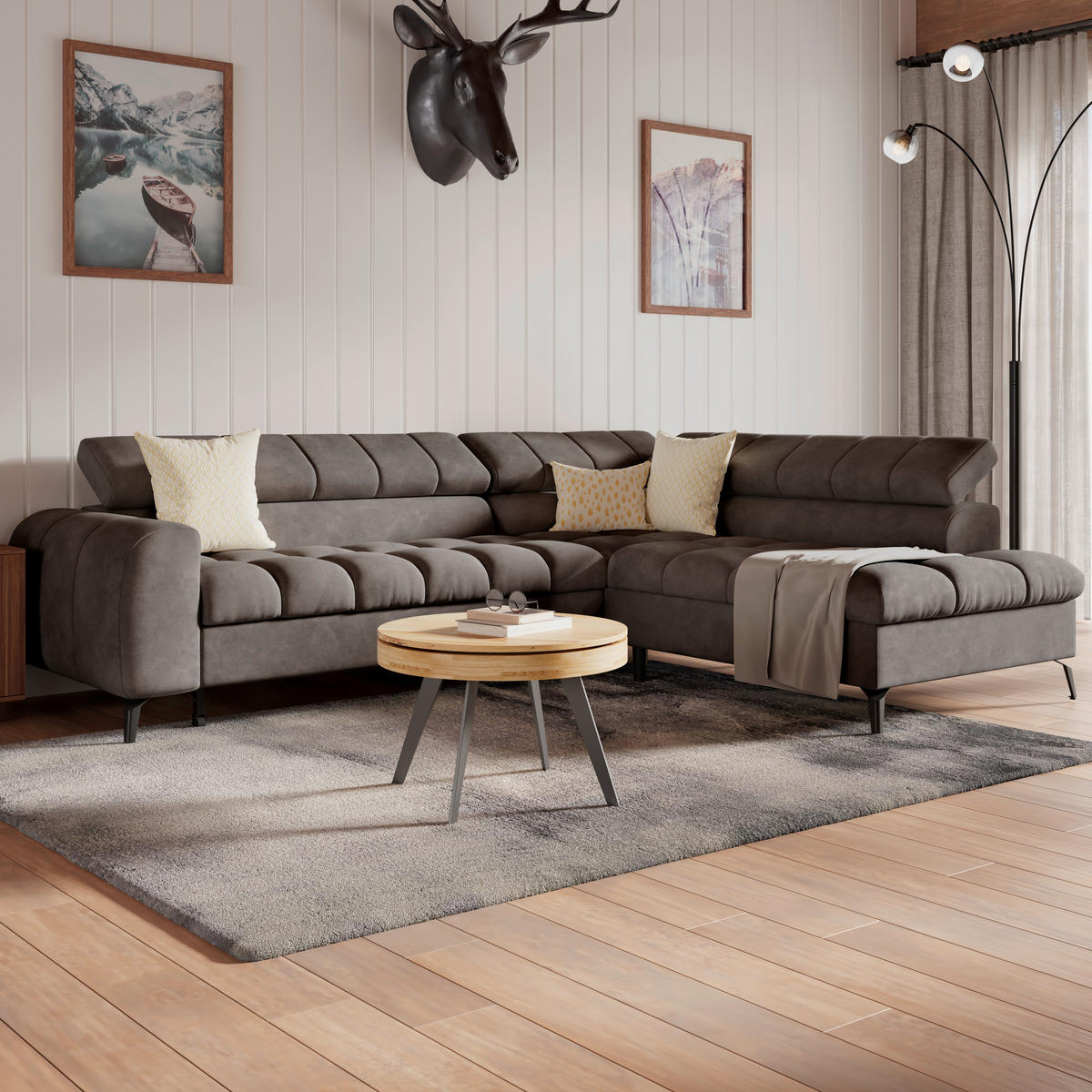 ECKSOFA Schwarz Bettkasten, Rücken echt, Kopfteilverstellung  - Schwarz, Trend, Kunststoff/Textil (261/203cm) - Livetastic