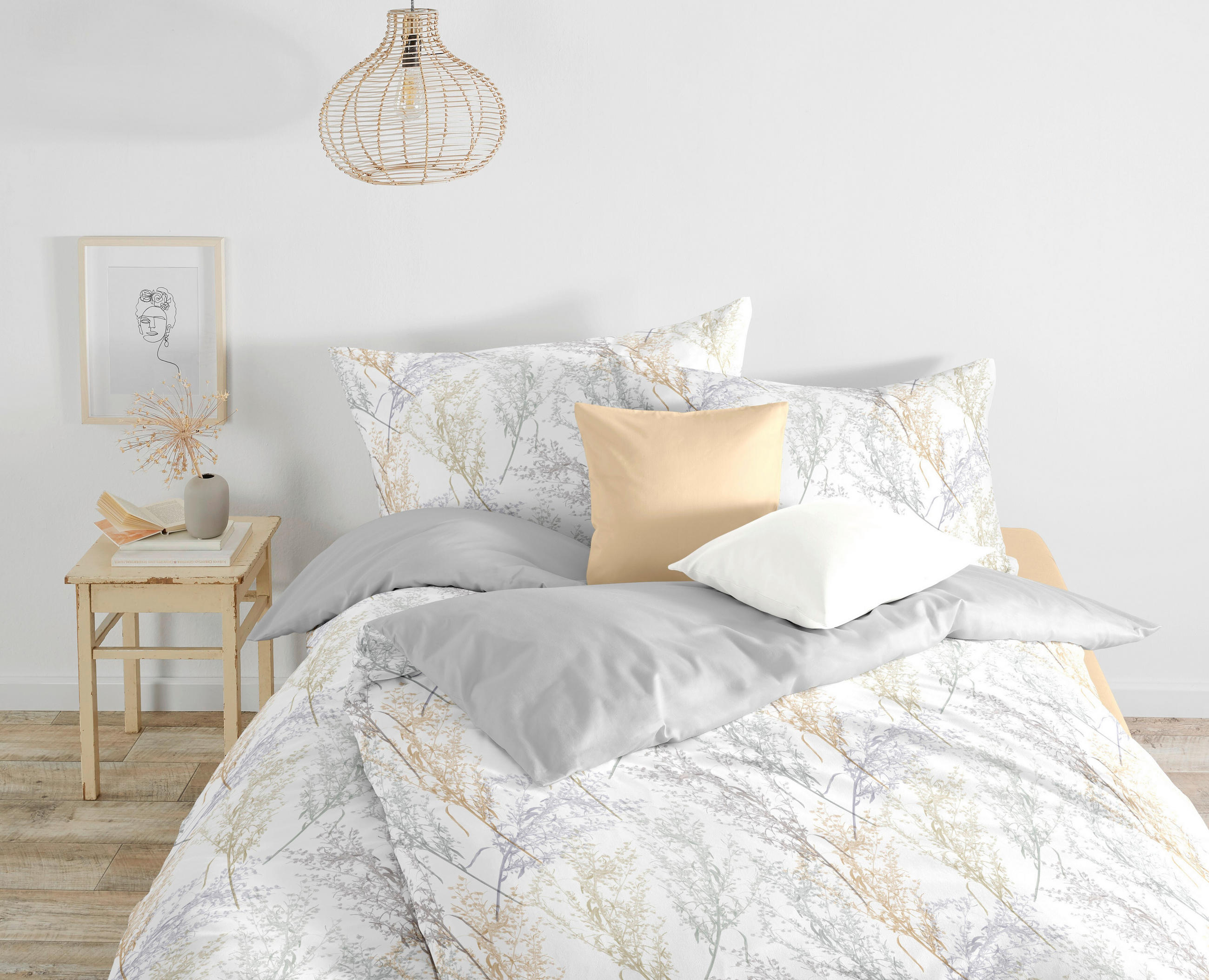 POSTELJNINA BED ART S 140/200 cm mako saten krem barve, bela, svetlo siva, pastelno modra - pastelno modra/krem barve, Konvencionalno, tekstil (140/200cm) - Fleuresse