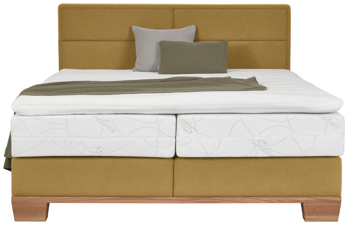 BOXSPRINGBETT 180/200 cm,  in Eichefarben, Olivgrün, Matratze, Topper, unterschiedliche Matratzenhärtegrade je Bettseite, H3 + H4 = fest + sehr fest  - Eichefarben/Olivgrün, Natur, Holz/Textil (180/200cm) - Valnatura