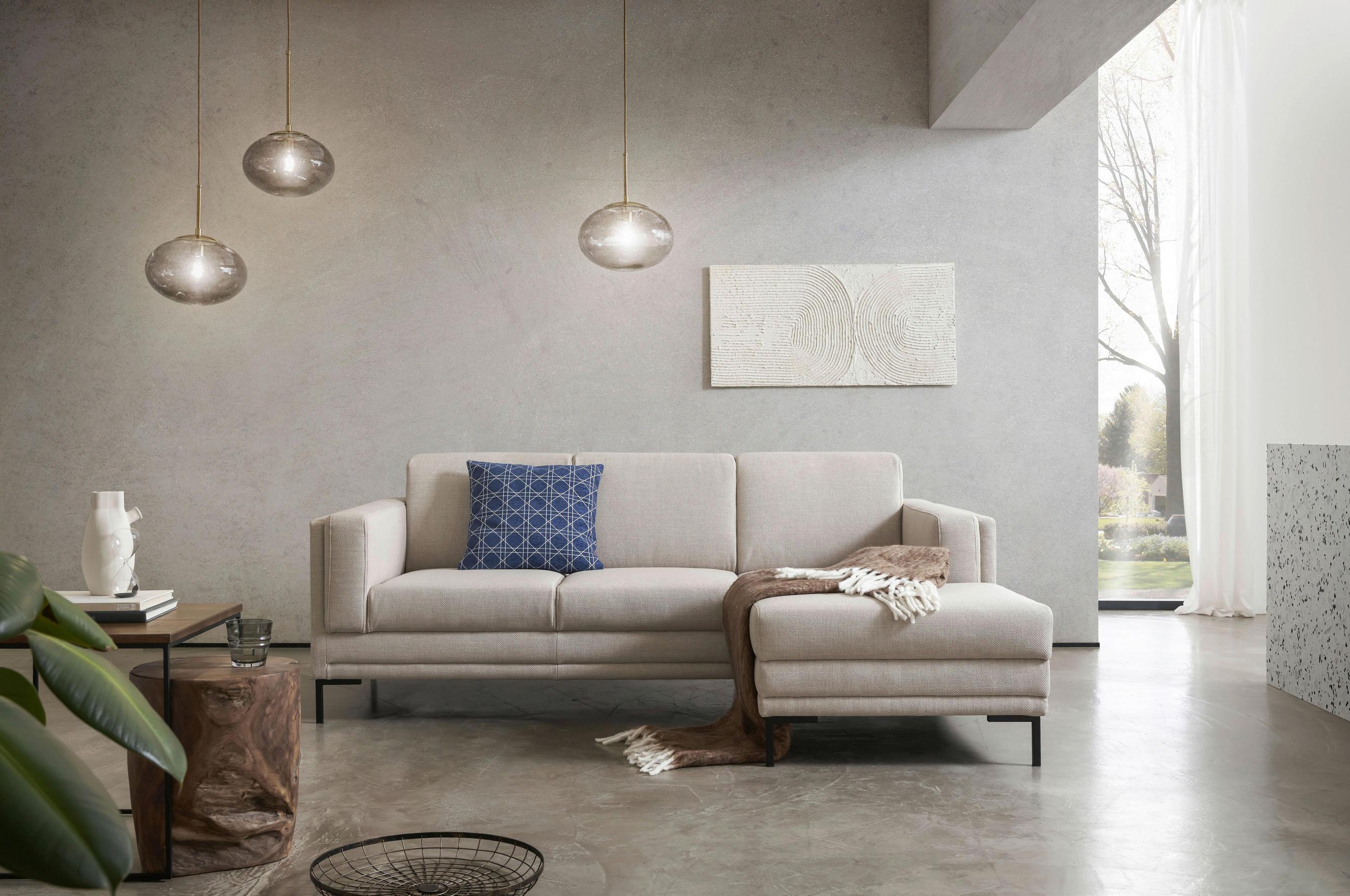 ECKSOFA Beige Webstoff - Beige/Schwarz, Design, Textil/Metall (214/146cm) - LOOKS by W.Joop