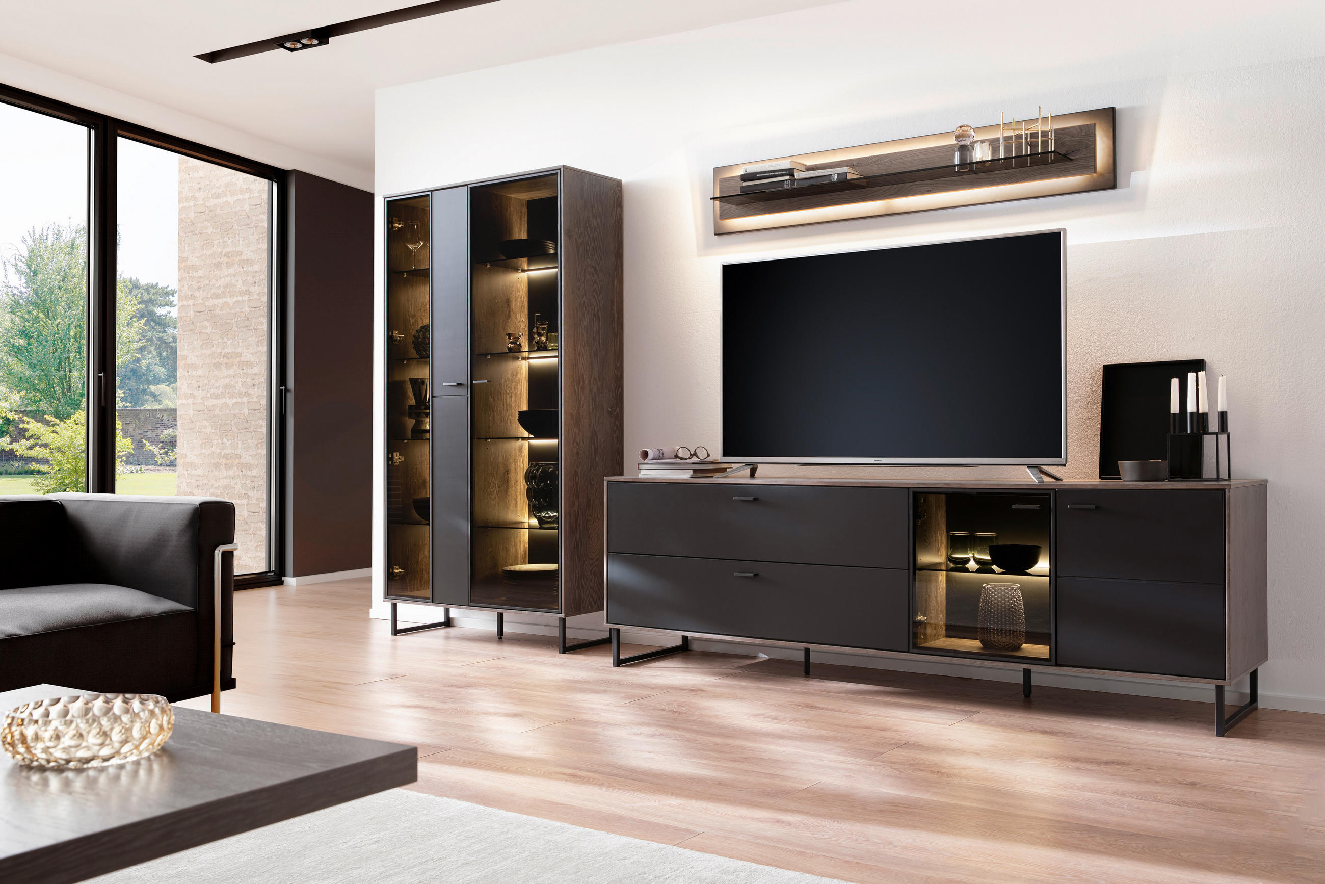 WOHNWAND  in Schwarz, Eichefarben  321/185/50 cm  - Eichefarben/Anthrazit, Design, Glas/Holz (321/185/50cm) - MID.YOU