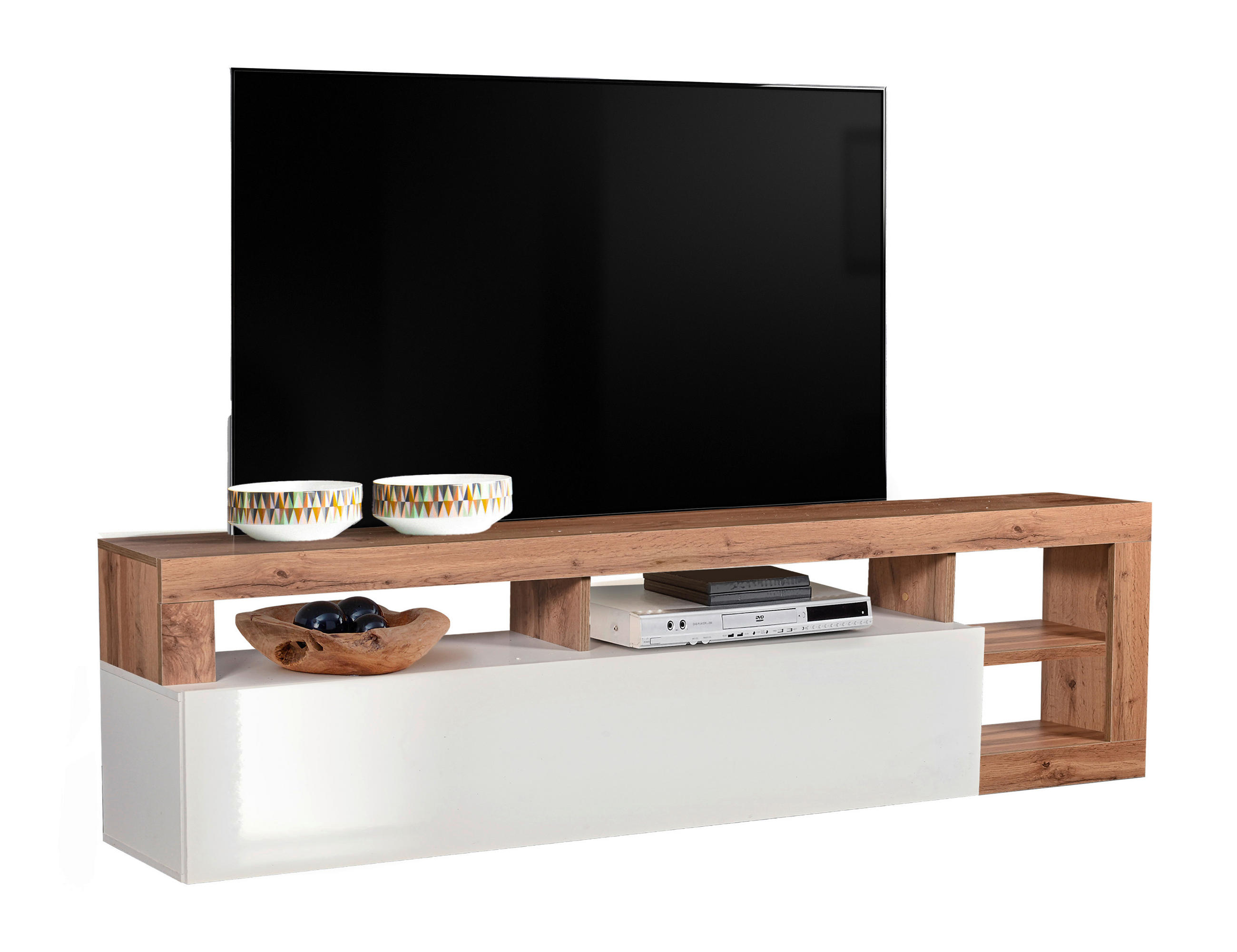 COMODĂ TV 184/58/42 cm  - alb/alb lucios intens, Modern, material pe bază de lemn (184/58/42cm) - Carryhome