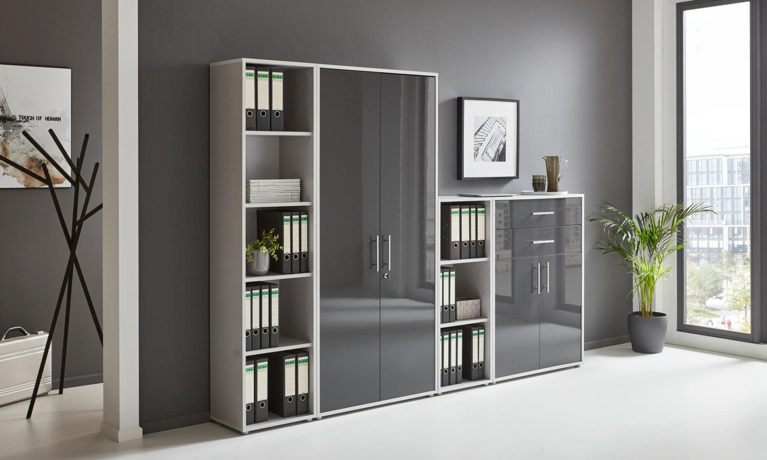 AKTENSCHRANK Grau, Anthrazit Hochglanz  - Anthrazit Hochglanz/Grau, MODERN, Holzwerkstoff (257/185,6/33cm) - MID.YOU