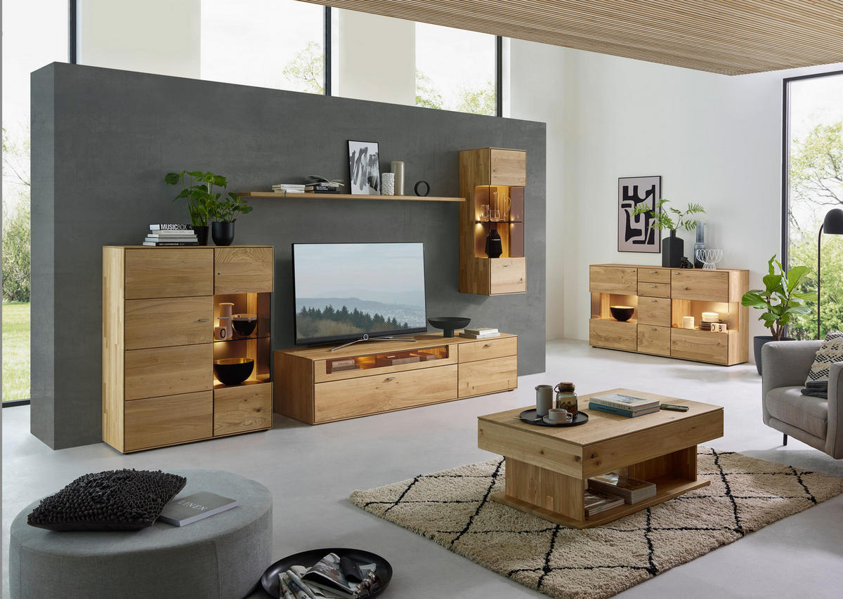 WOHNWAND  in Eichefarben  332,7/202,4/54,5 cm  - Edelstahlfarben/Eichefarben, KONVENTIONELL, Glas/Holz (332,7/202,4/54,5cm) - Valnatura