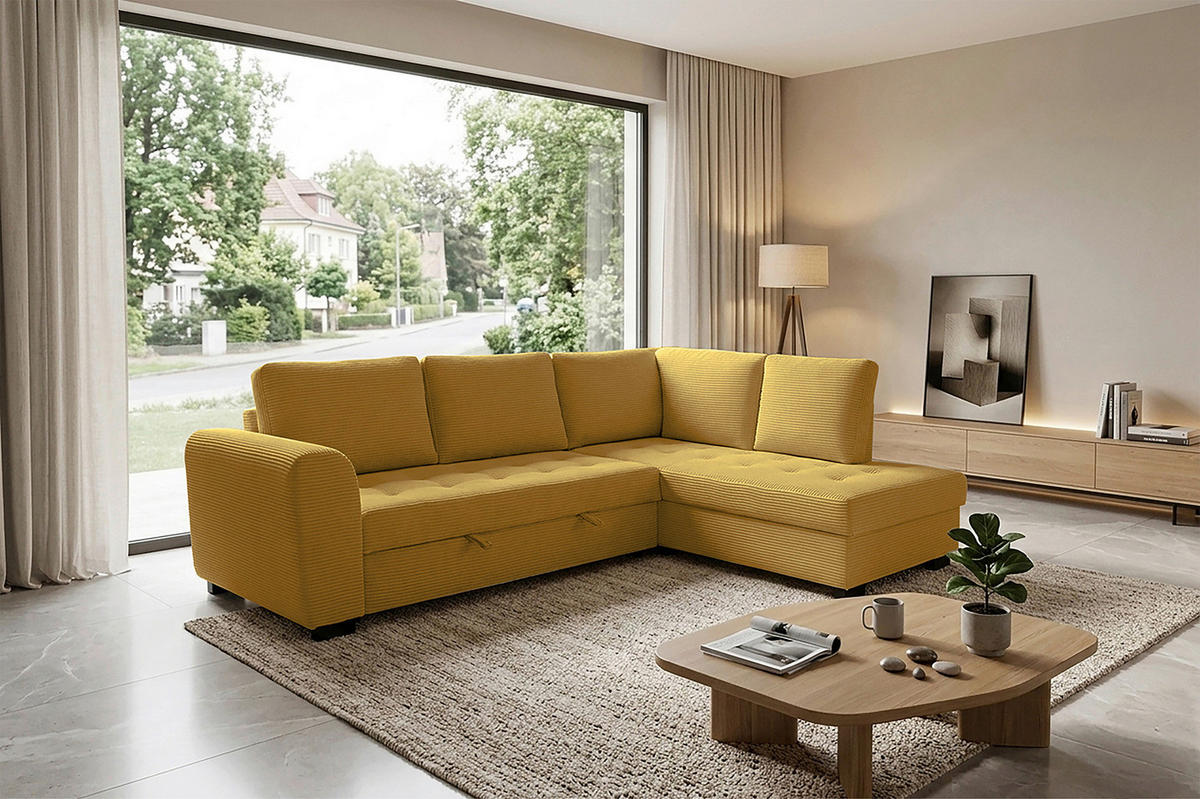 ECKSOFA JOHN Senfgelb Cord Rückenkissen, Bettkasten, Liegefläche im Originalstoff  - Senfgelb/Schwarz, Trend, Kunststoff/Textil (239/178cm) - P & B