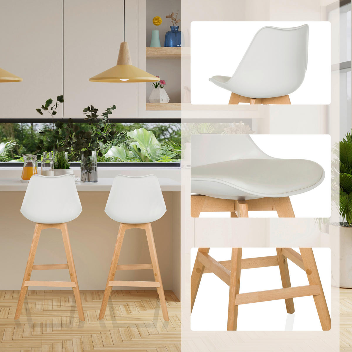 BARHOCKER-SET Weiß abwischbar  - Buchefarben/Weiß, MODERN, Holz/Kunststoff (51/99/51cm) - MID.YOU