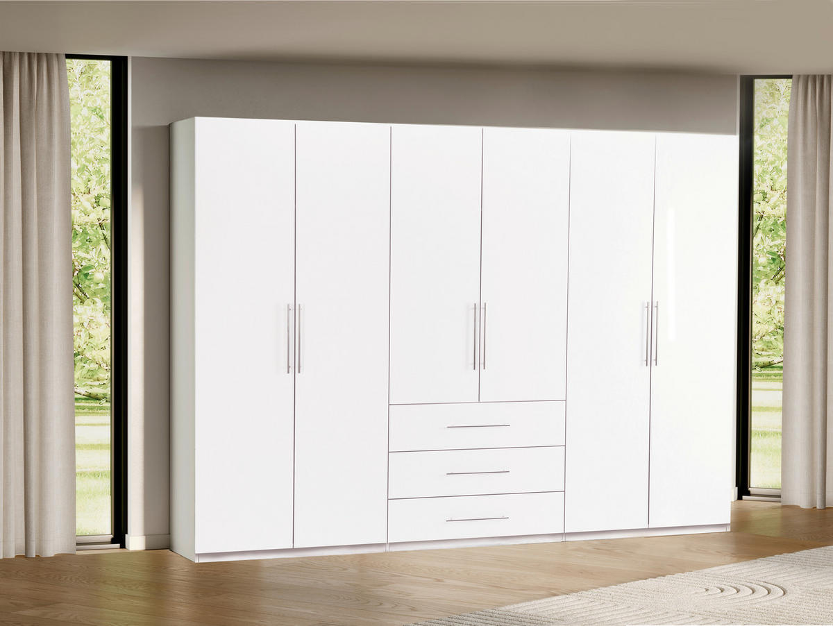 KLEIDERSCHRANK 294/219/59 cm 6-türig Weiß Hochglanz, Weiß  - Weiß Hochglanz/Alufarben, KONVENTIONELL, Holzwerkstoff/Metall (294/219/59cm) - Carryhome