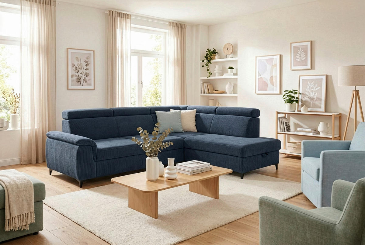 ECKSOFA Dunkelblau Chenille Bettkasten, Schlaffunktion, Rücken echt, Kopfteilverstellung, Liegefläche im Originalstoff  - Schwarz/Dunkelblau, KONVENTIONELL, Textil/Metall (265/206cm) - Carryhome