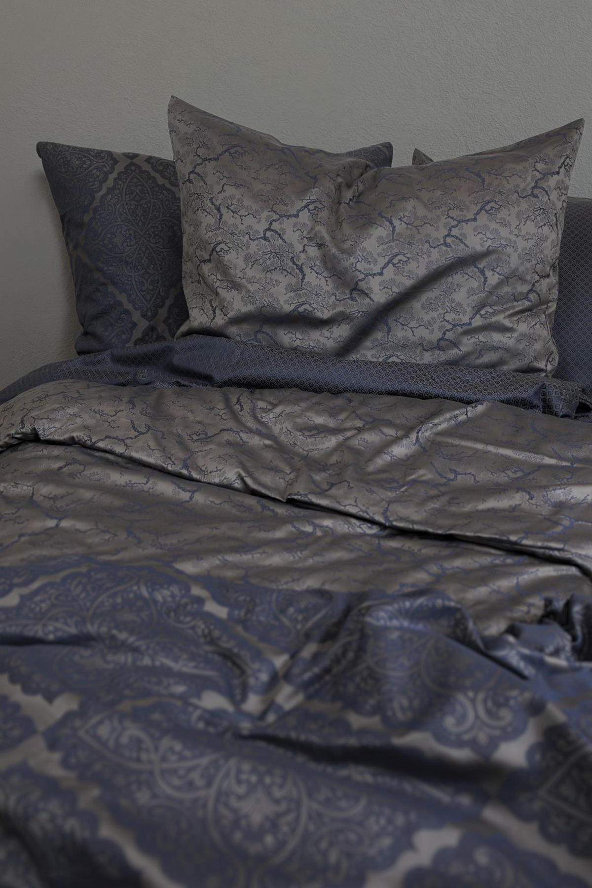 BETTWÄSCHESET 3-teilig Black Royal - Mako Brokat Damast Bettwäsche Damast 200/210 cm  - Blau, Basics, Textil (200/210cm) - Fleuresse