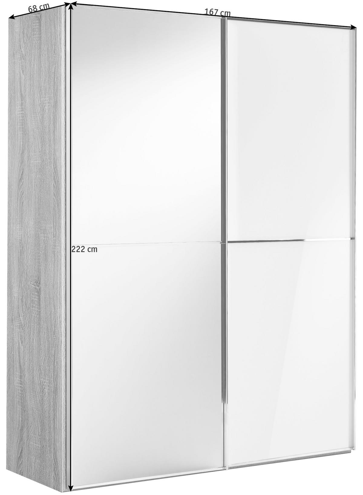 SCHWEBETÜRENSCHRANK 167/222/68 cm 2-türig Weiß, Sonoma Eiche  - Chromfarben/Weiß, Design, Glas/Holzwerkstoff (167/222/68cm) - Moderano