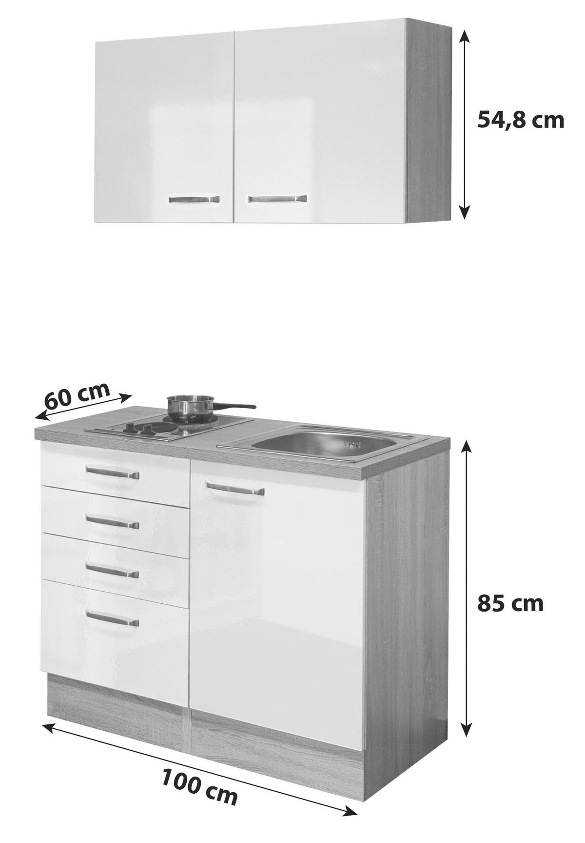 MINIKÜCHE 100 cm   in Sonoma Eiche, Weiß Hochglanz  - Edelstahlfarben/Weiß Hochglanz, MODERN, Holzwerkstoff/Metall (100cm) - FlexWell
