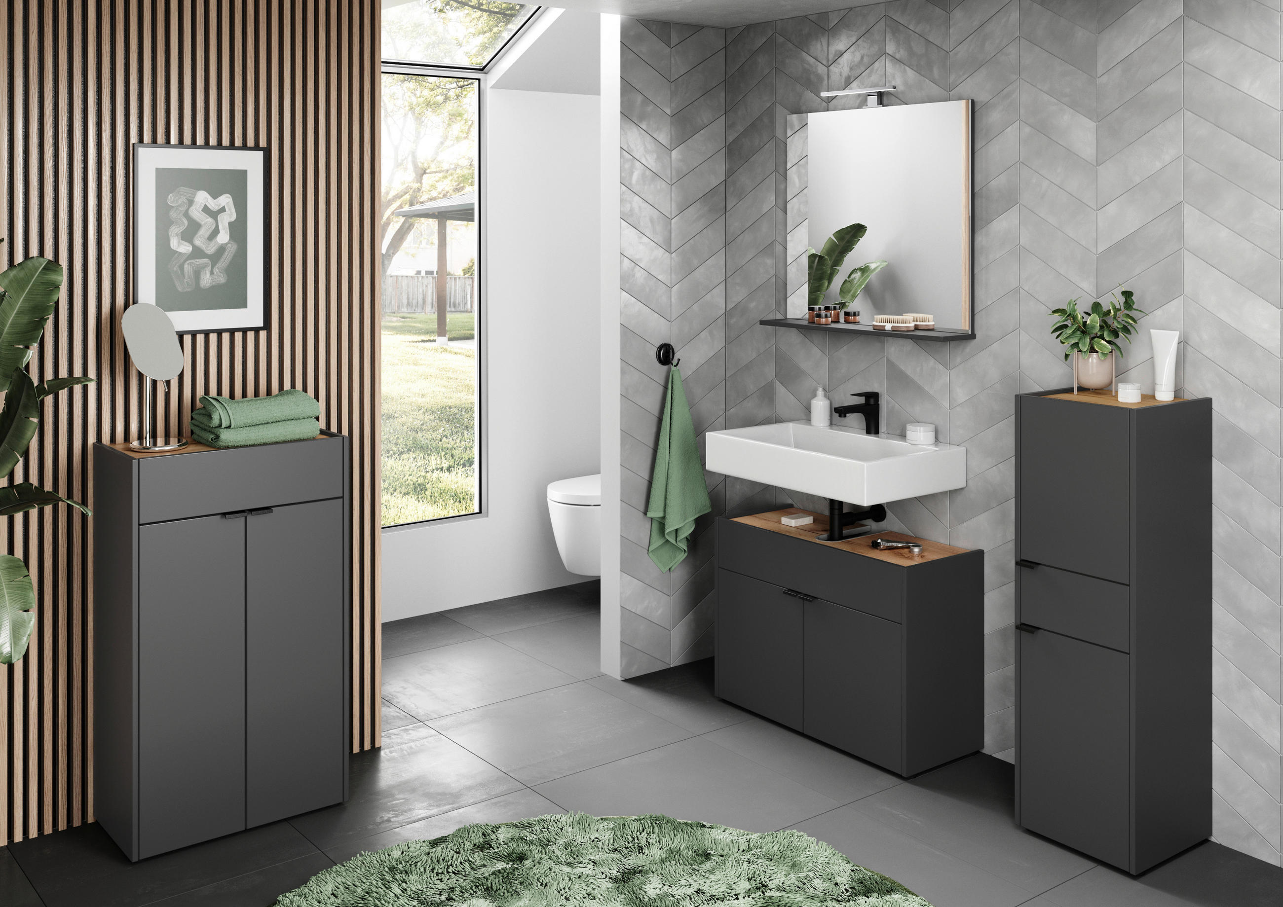 BADEZIMMER 4-teilig in 200 cm - Eichefarben/Schwarz, MODERN, Holzwerkstoff/Kunststoff (200cm) - Germania