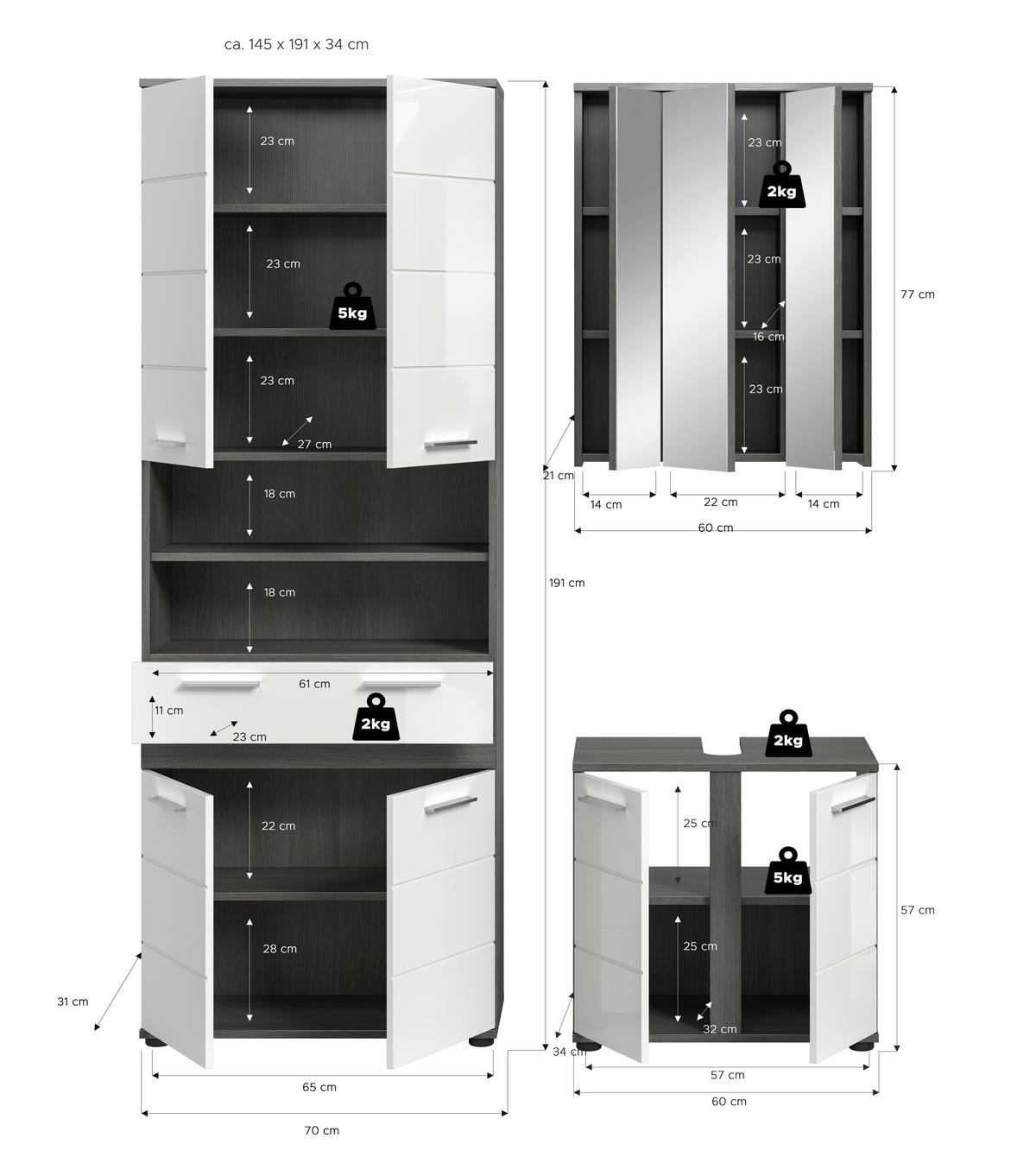 BADEZIMMER 3-teilig  in 145 cm  - Weiß Hochglanz/Silberfarben, Trend, Glas/Holzwerkstoff (145cm) - MID.YOU