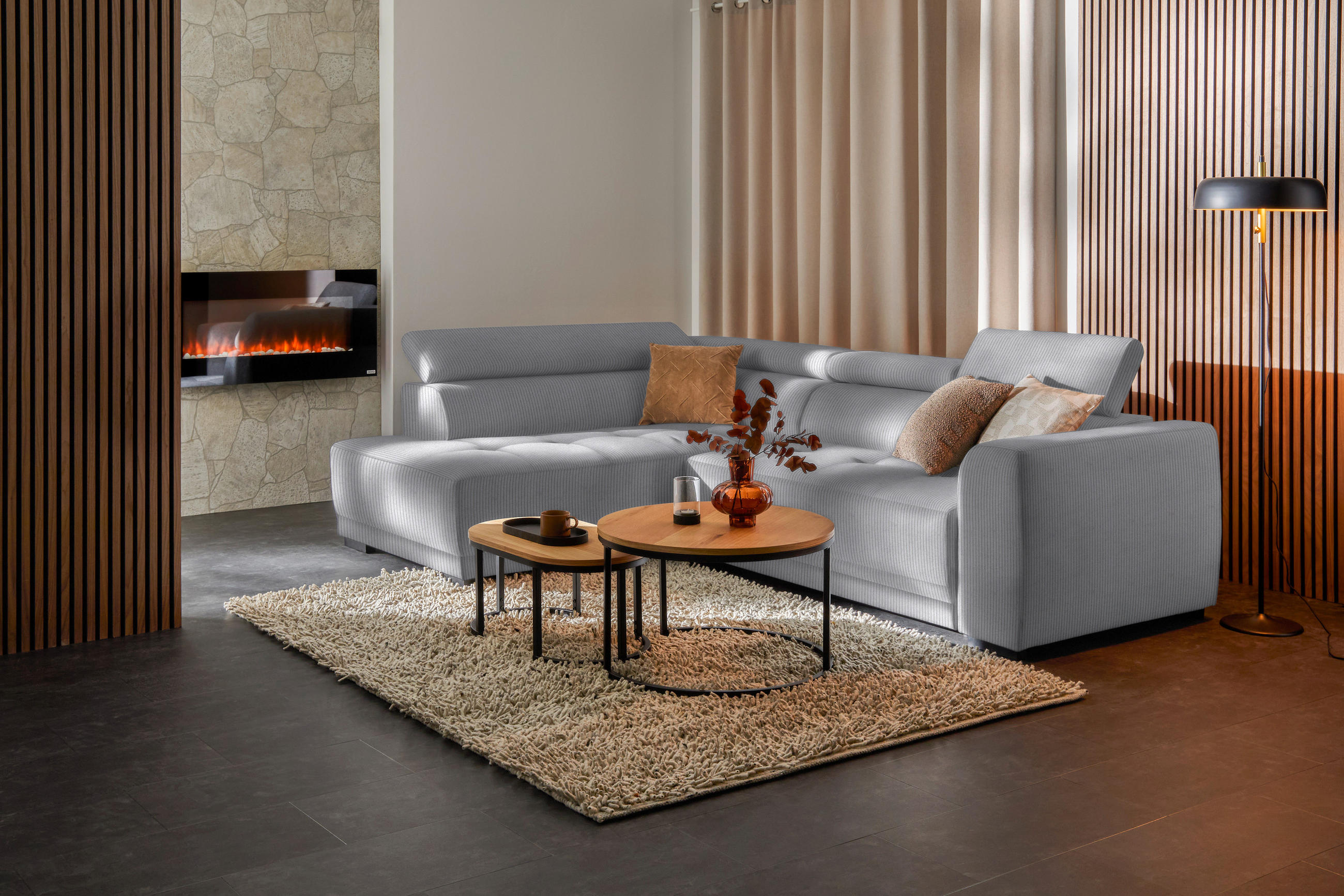 ECKSOFA in Feincord Hellgrau  - Hellgrau/Schwarz, Design, Kunststoff/Textil (205/284cm) - MID.YOU