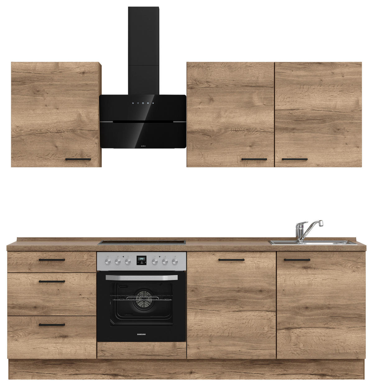 BUCĂTĂRIE FĂRĂ ELECTROCASNICE  - stejar închis la culoare/negru, Modern, metal/material pe bază de lemn (240cm) - Nobilia