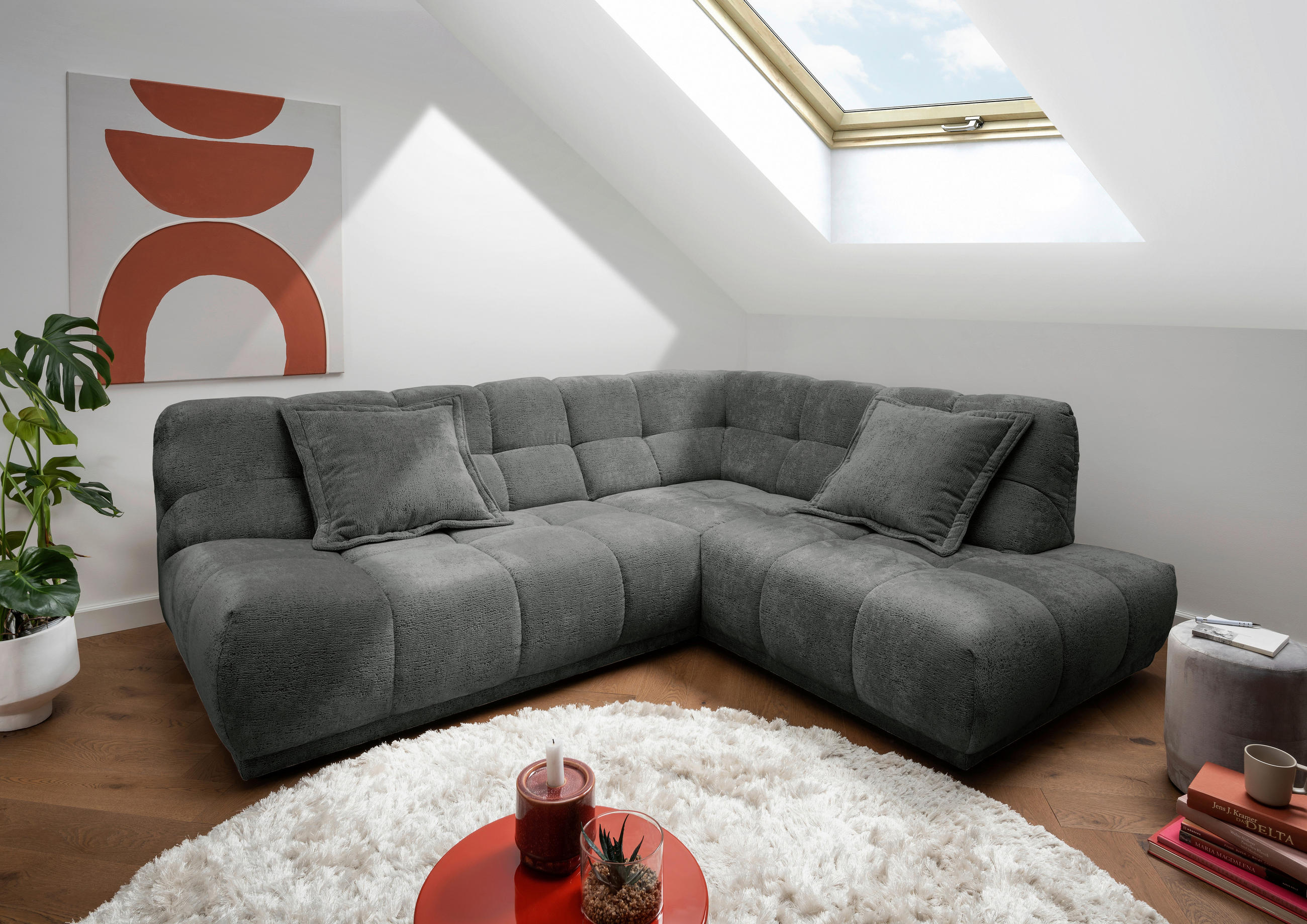 ECKSOFA Chenille Anthrazit  - Anthrazit/Schwarz, Modern, Kunststoff/Textil (254/203cm) - Livetastic