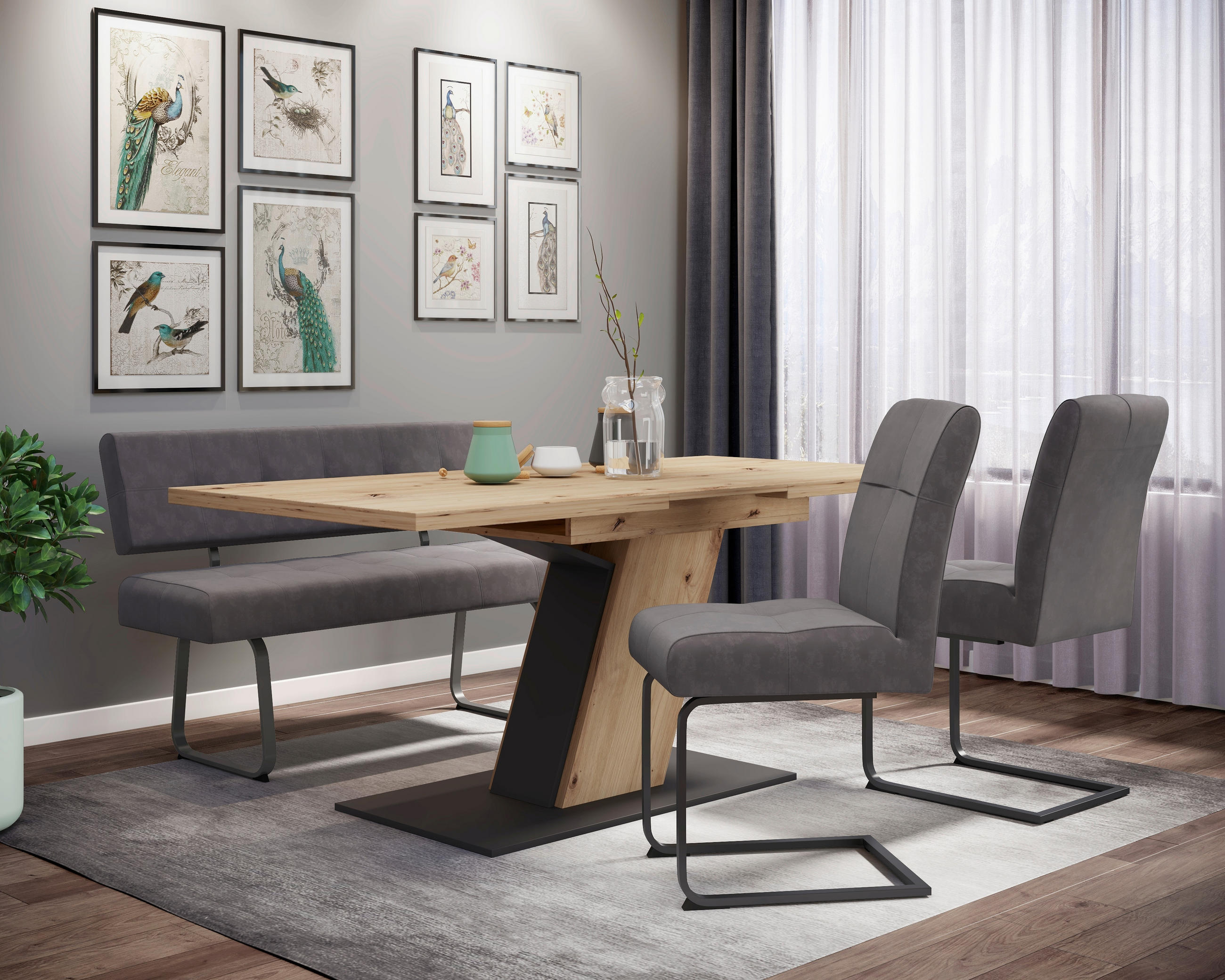 P & B Tischgruppe Anthrazit, Eiche Artisan 140-180x76x90 cm