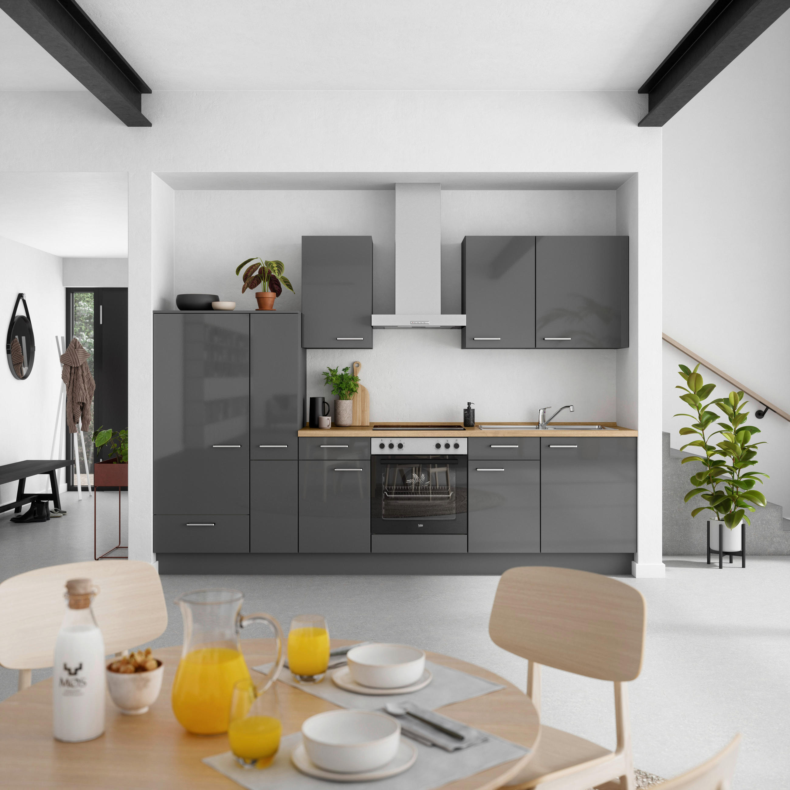 KÜCHENBLOCK Flash 300 cm  in Schieferfarben, Eichefarben  - Schieferfarben/Edelstahlfarben, MODERN, Holzwerkstoff/Metall (300cm) - Nobilia