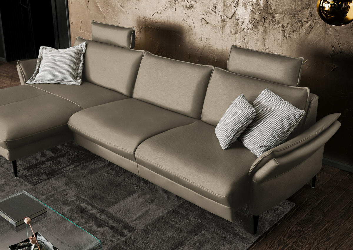 ECKSOFA in Echtleder Greige  - Greige/Schwarz, Design, Leder/Metall (172/334cm) - Hukla